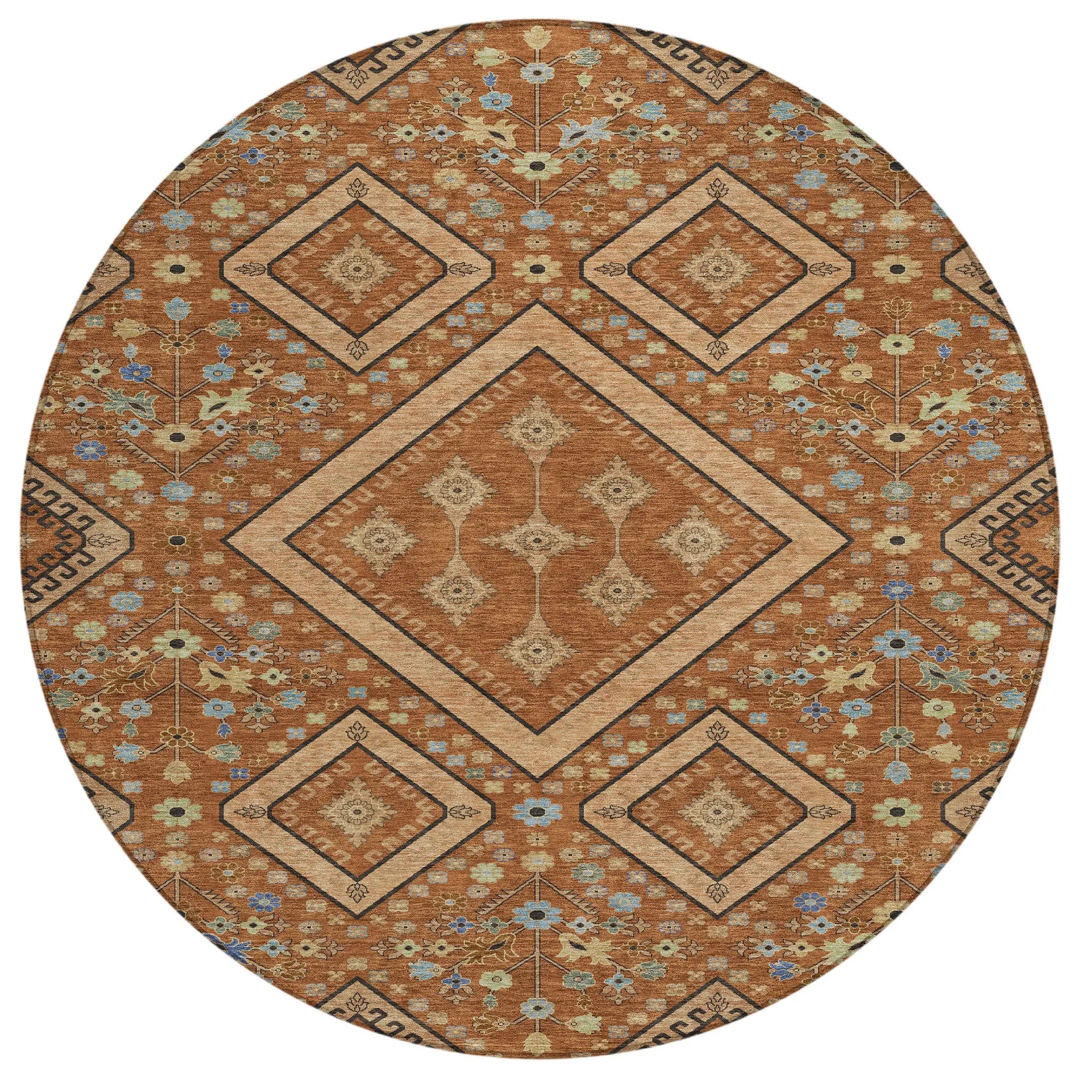 8' Orange And Copper Round Medallion Washable Indoor Outdoor Area Rug Homeroots Outdoor