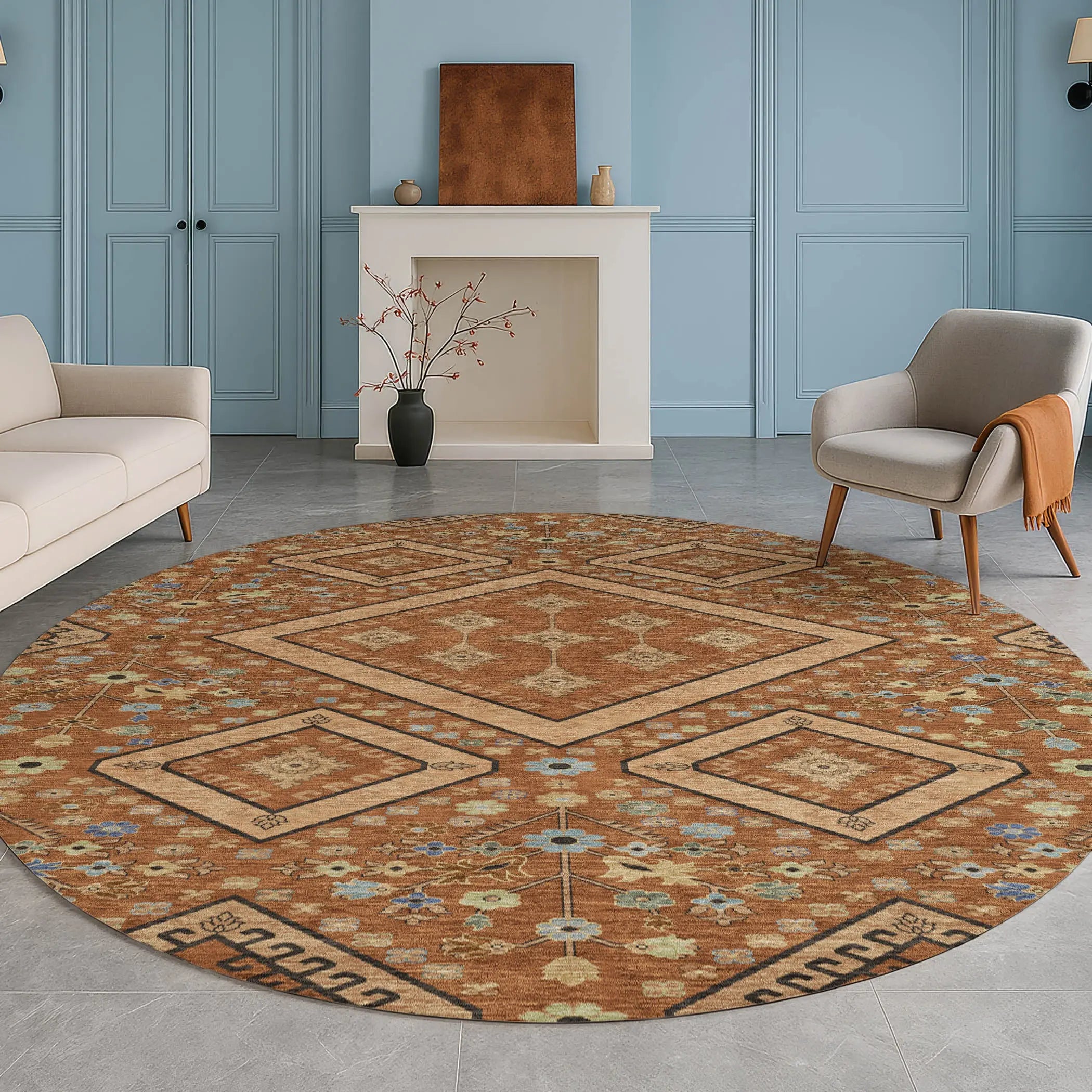 8' Orange And Copper Round Medallion Washable Indoor Outdoor Area Rug Homeroots Outdoor