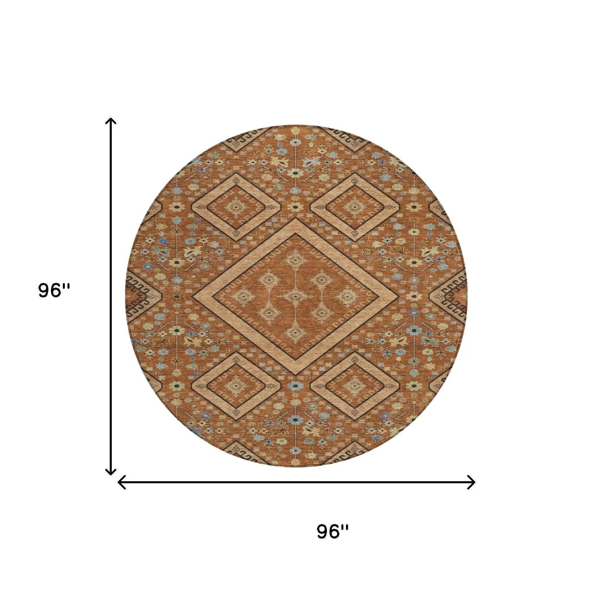 8' Orange And Copper Round Medallion Washable Indoor Outdoor Area Rug Homeroots Outdoor