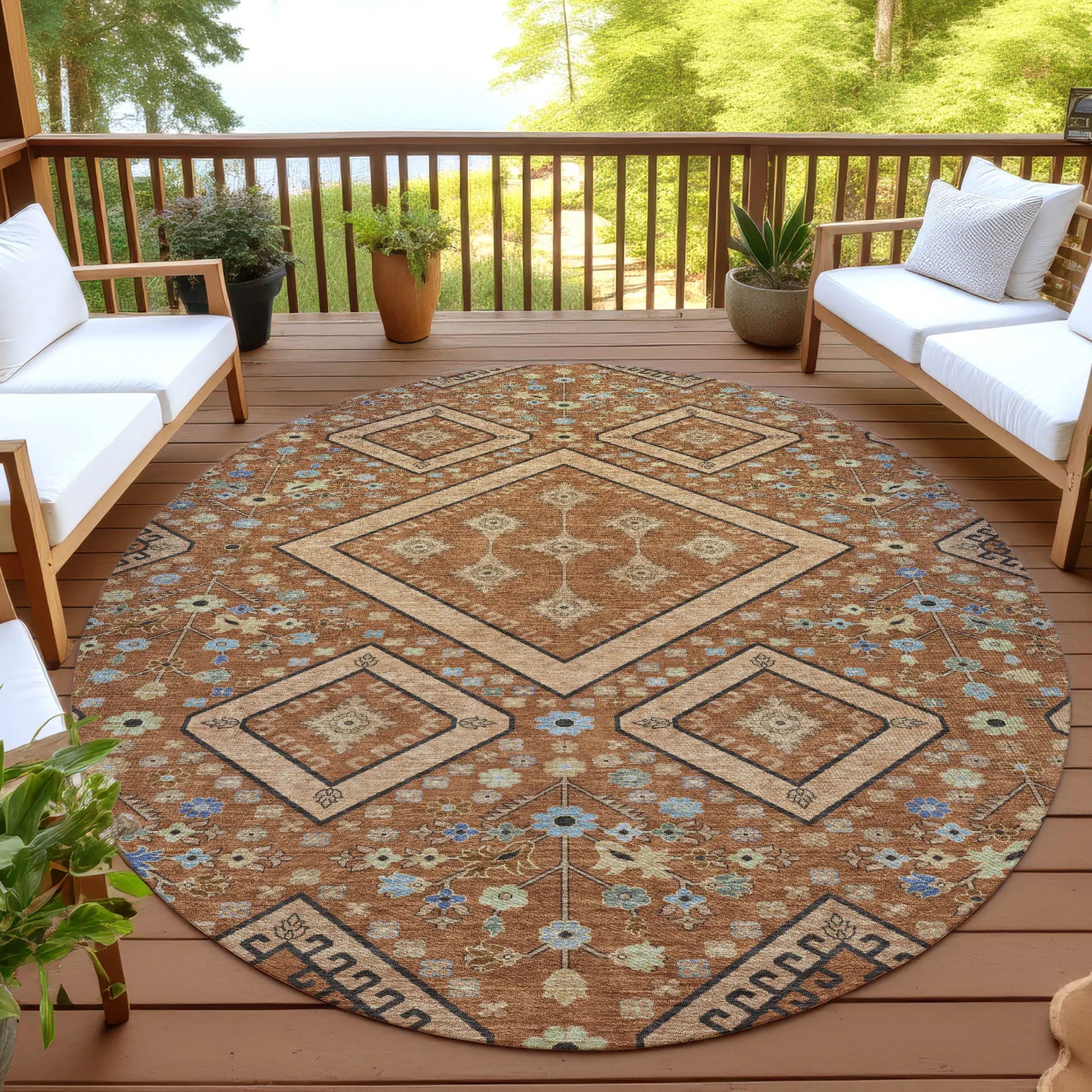 8' Orange And Copper Round Medallion Washable Indoor Outdoor Area Rug Homeroots Outdoor