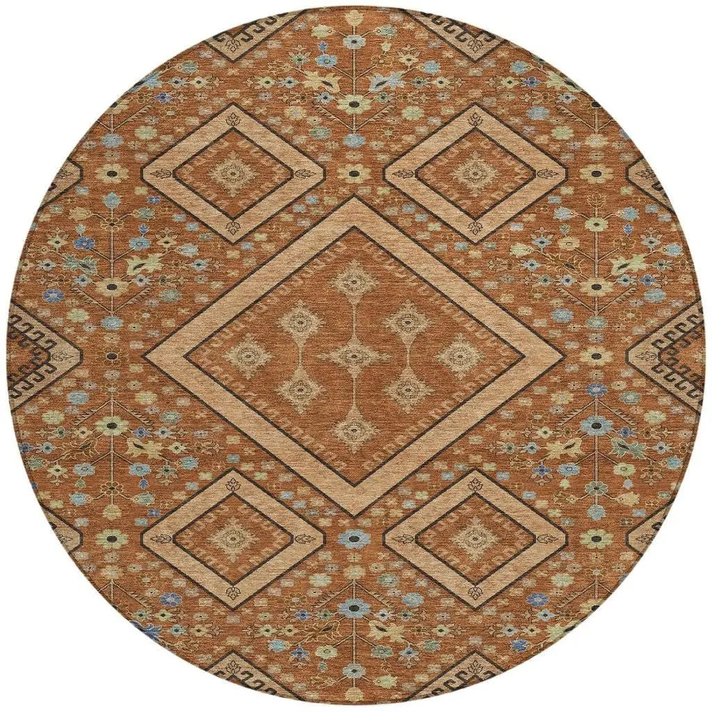 8' Orange And Copper Round Medallion Washable Indoor Outdoor Area Rug Homeroots Outdoor
