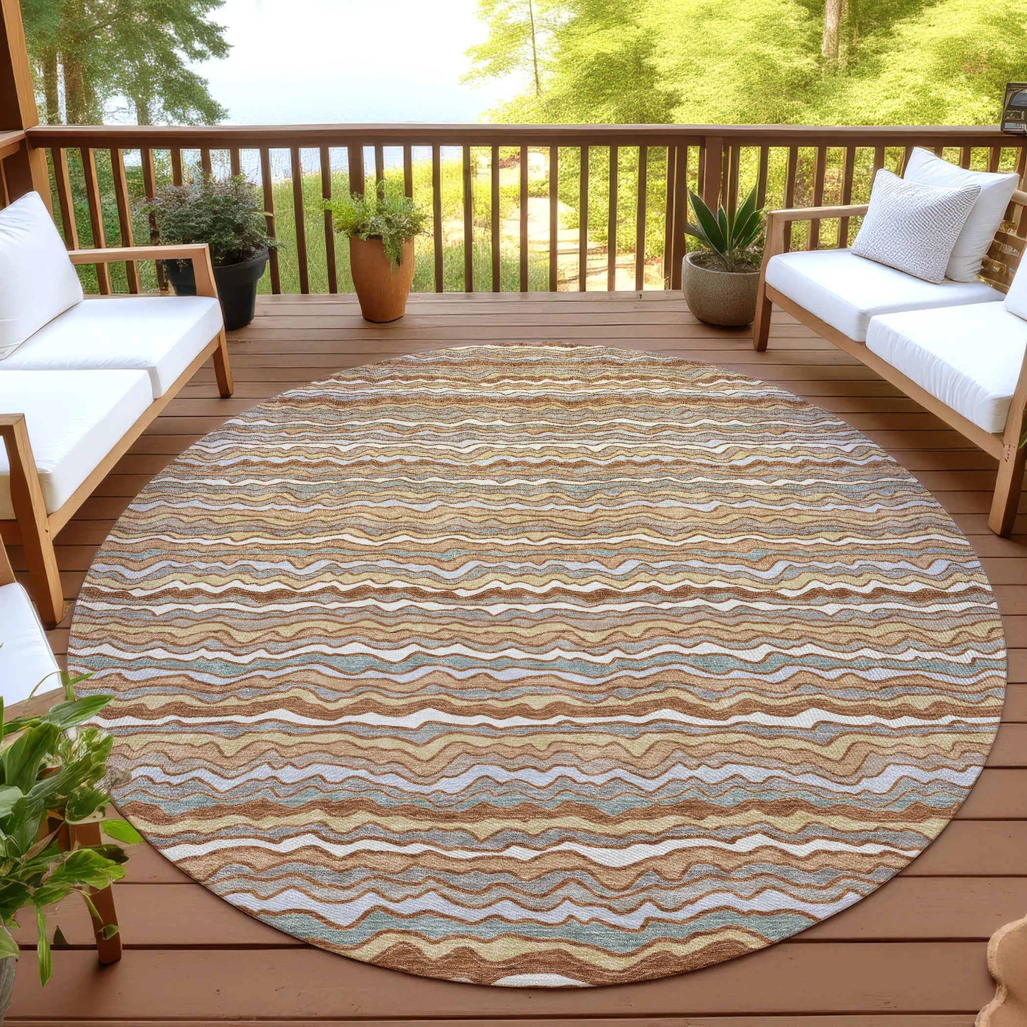 8' Orange And Copper Round Striped Washable Indoor Outdoor Area Rug Homeroots Outdoor