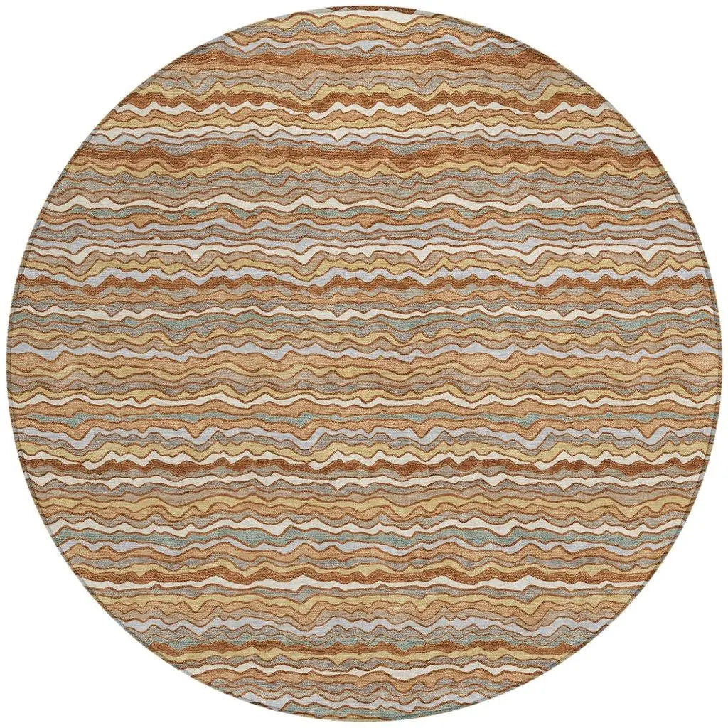 8' Orange And Copper Round Striped Washable Indoor Outdoor Area Rug Homeroots Outdoor