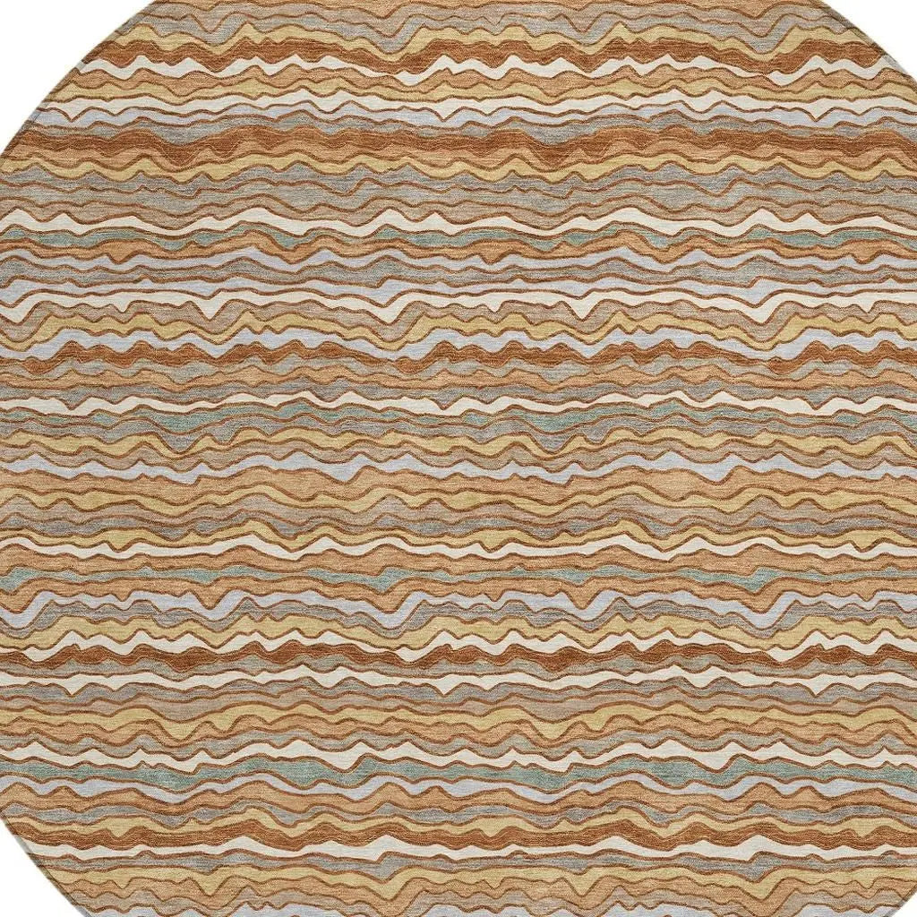 8' Orange And Copper Round Striped Washable Indoor Outdoor Area Rug Homeroots Outdoor