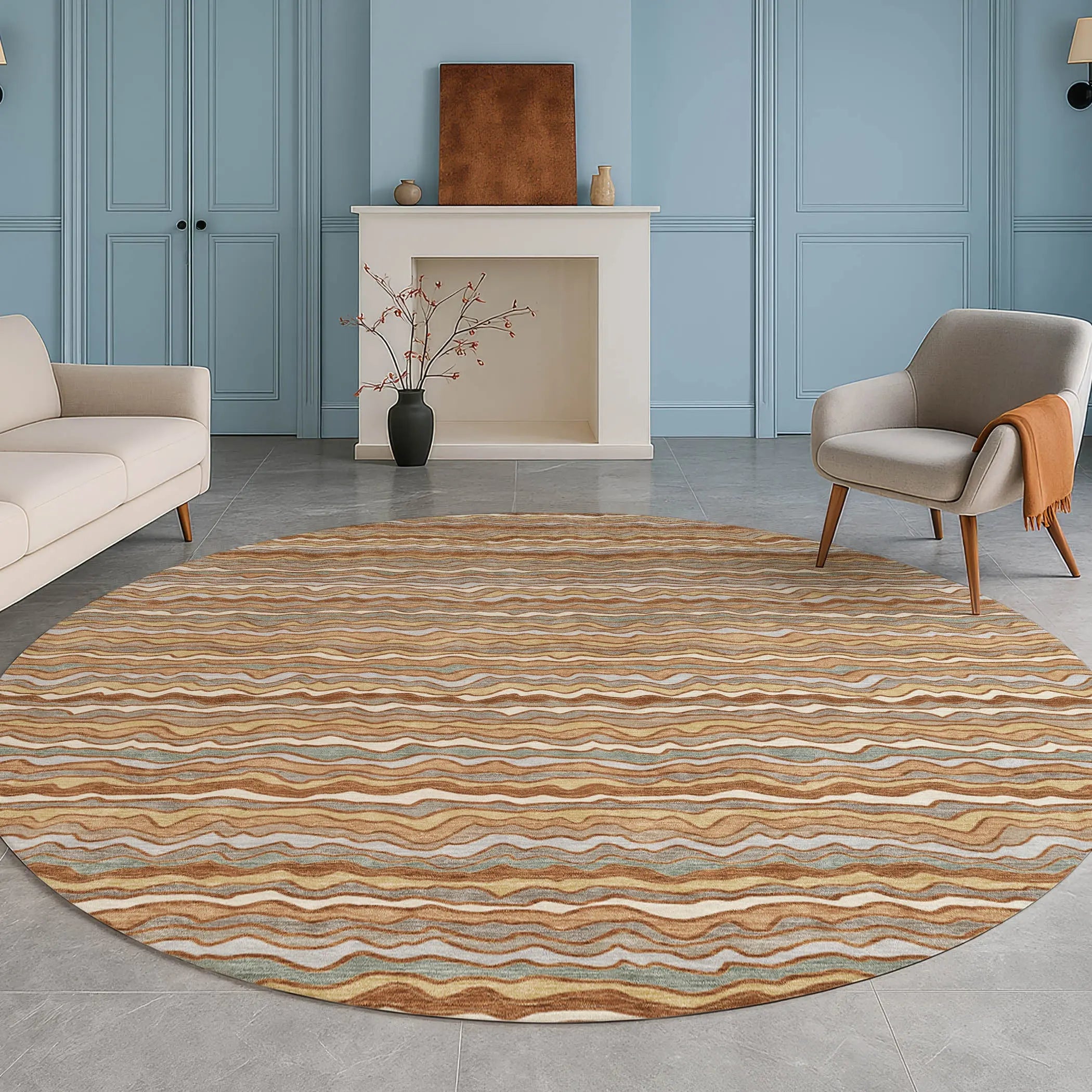 8' Orange And Copper Round Striped Washable Indoor Outdoor Area Rug Homeroots Outdoor