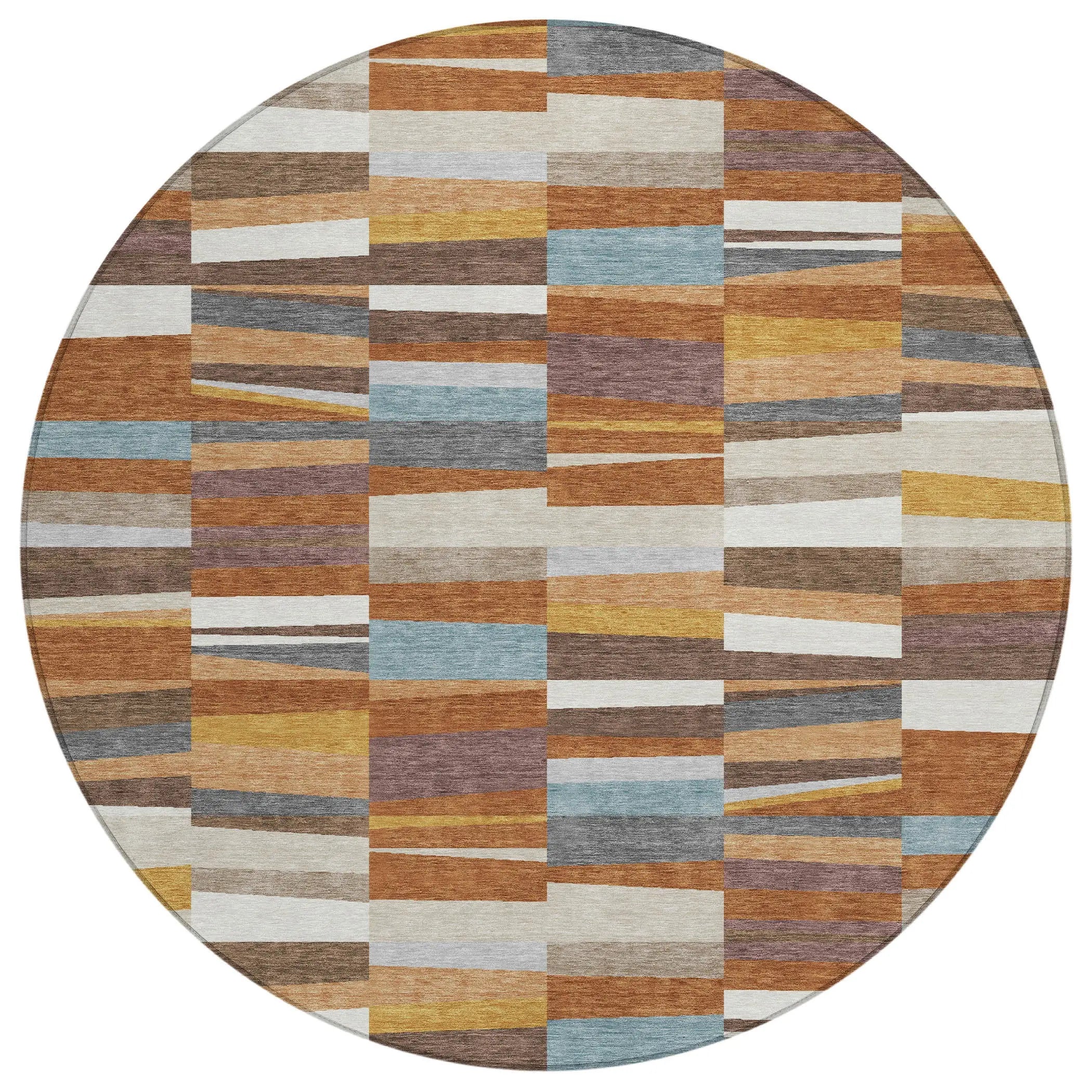 8' Orange And Copper Round Striped Washable Indoor Outdoor Area Rug Homeroots Outdoor