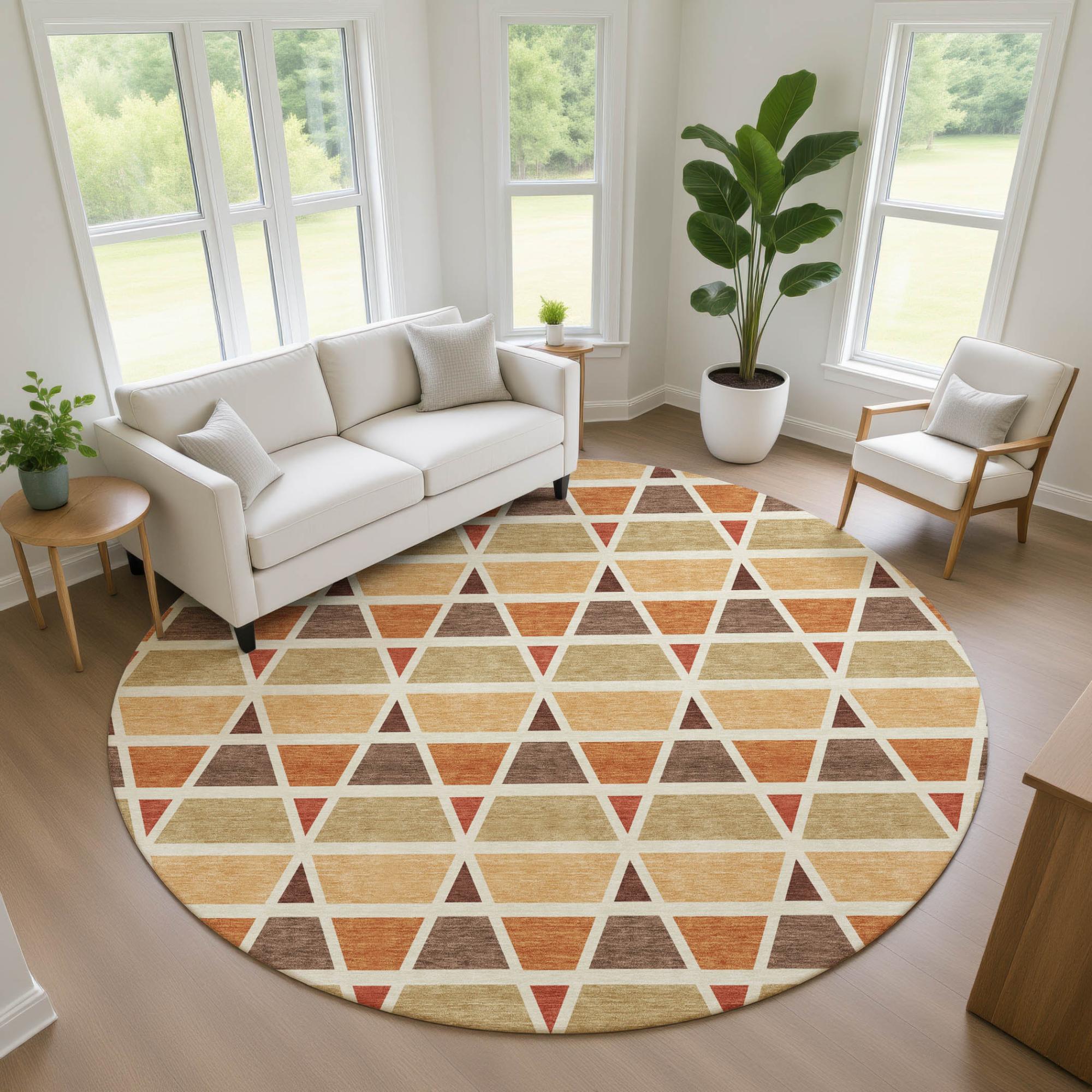 8' Orange And Cream Round Geometric Washable Indoor Outdoor Area Rug Homeroots Outdoor