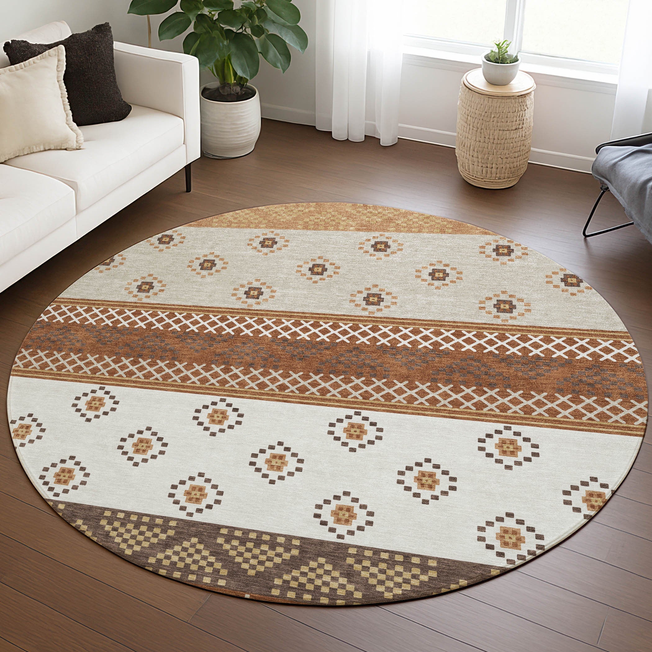 8' Orange And Denim Blue Round Striped Washable Indoor Outdoor Area Rug Homeroots Outdoor