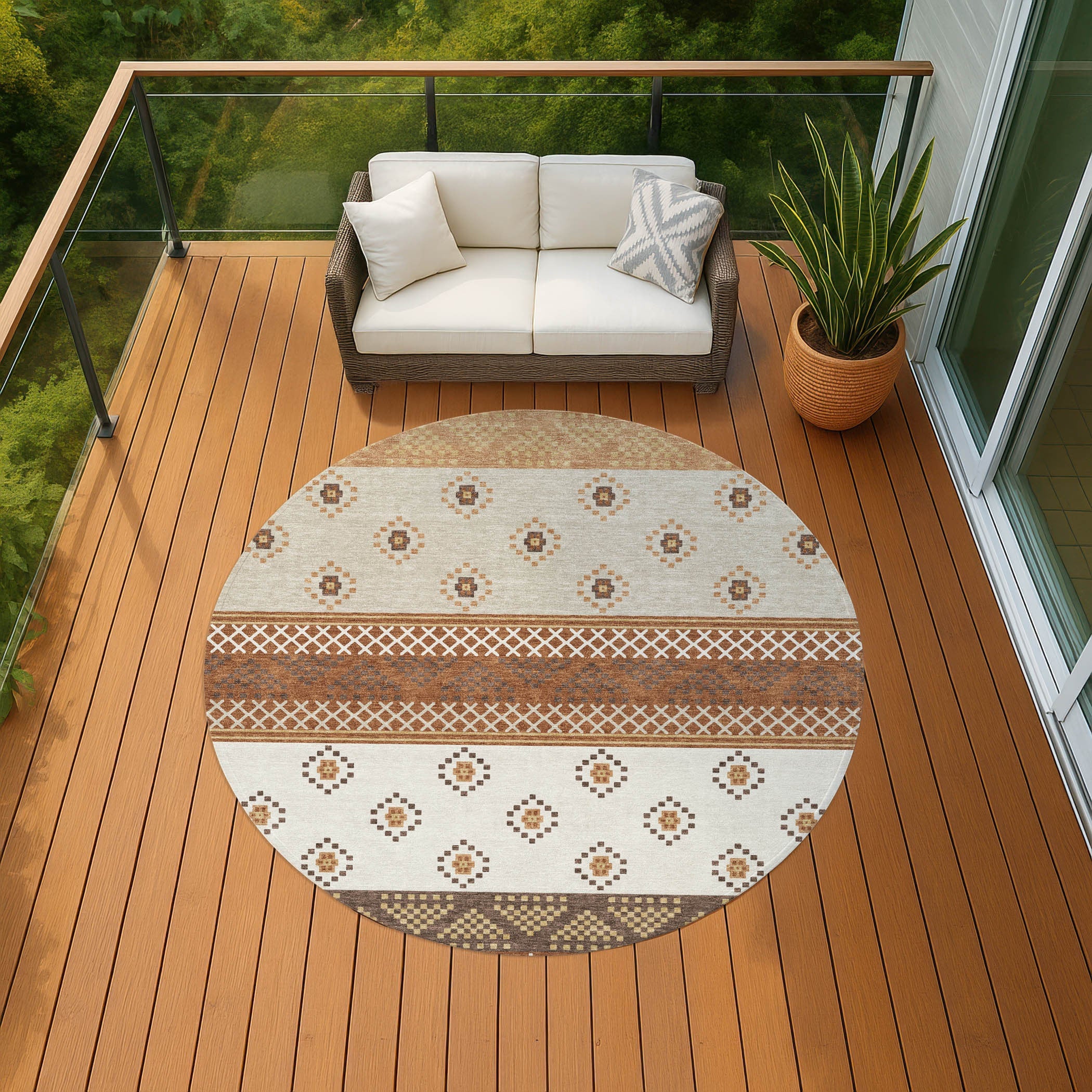 8' Orange And Denim Blue Round Striped Washable Indoor Outdoor Area Rug Homeroots Outdoor