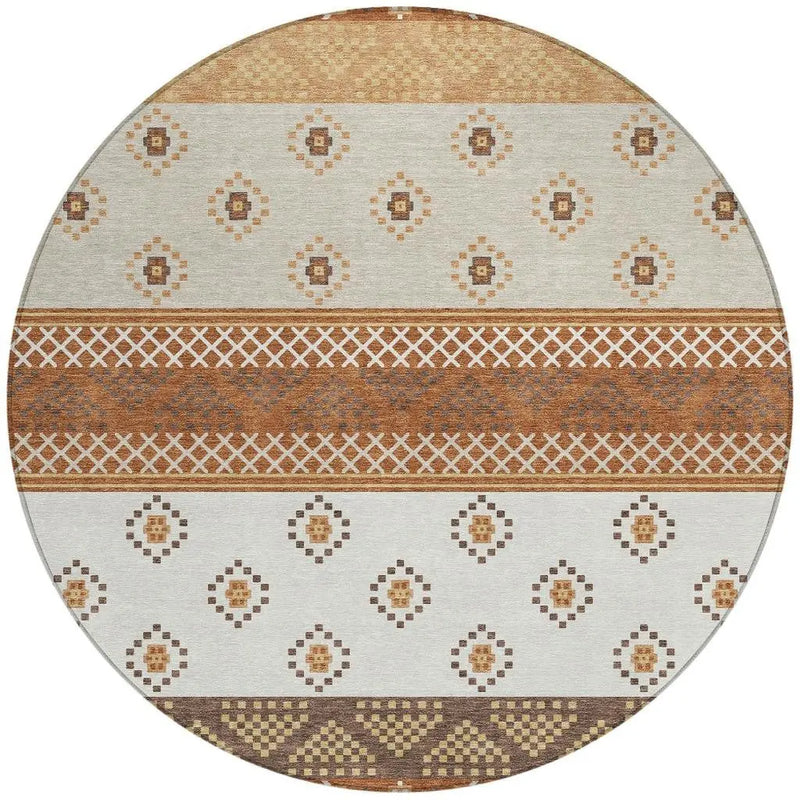 8' Orange And Denim Blue Round Striped Washable Indoor Outdoor Area Rug Homeroots Outdoor