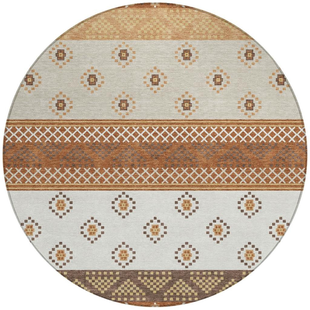 8' Orange And Denim Blue Round Striped Washable Indoor Outdoor Area Rug Homeroots Outdoor