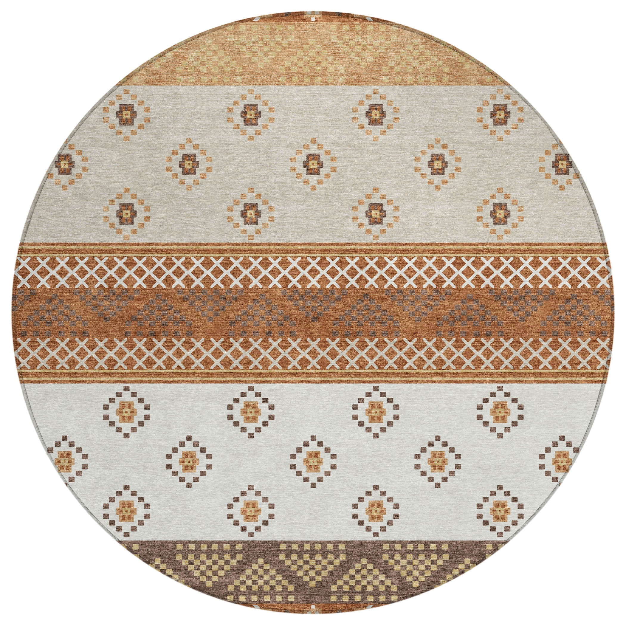 8' Orange And Denim Blue Round Striped Washable Indoor Outdoor Area Rug Homeroots Outdoor