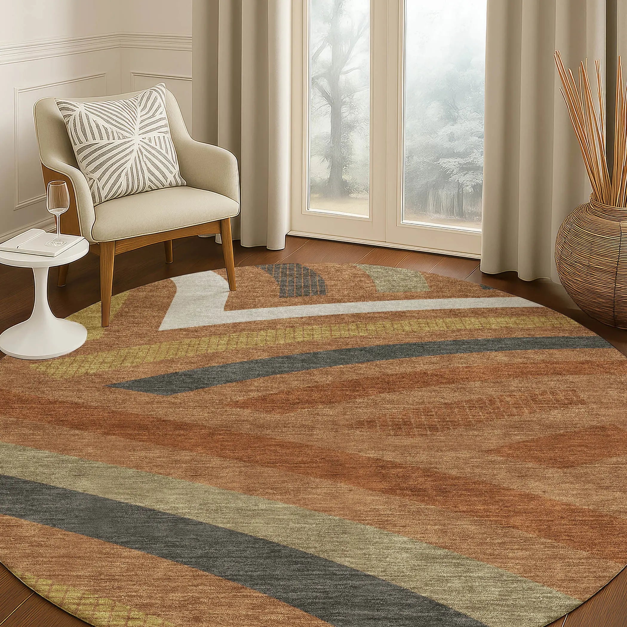8' Orange And Gold Round Abstract Washable Indoor Outdoor Area Rug Homeroots Outdoor
