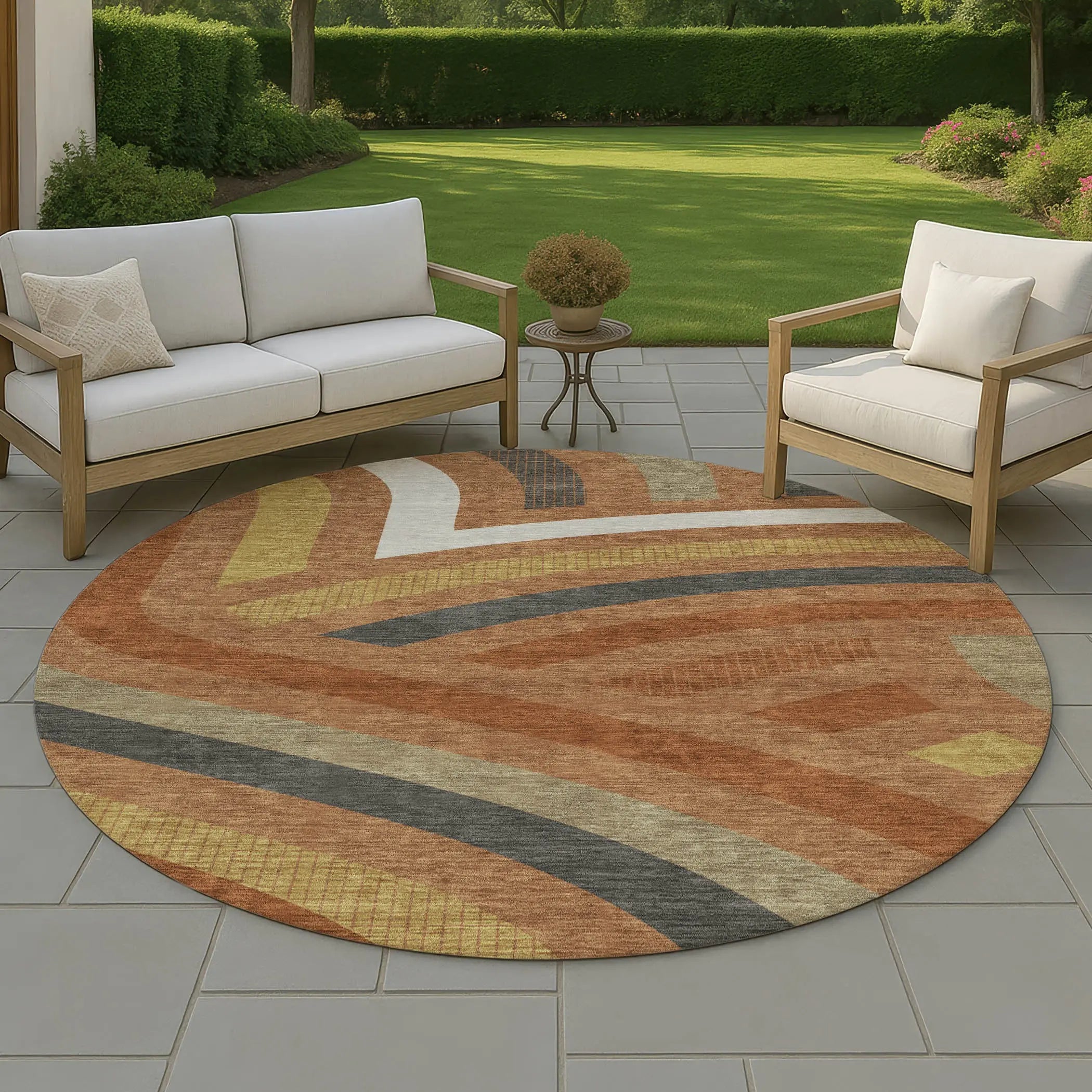 8' Orange And Gold Round Abstract Washable Indoor Outdoor Area Rug Homeroots Outdoor