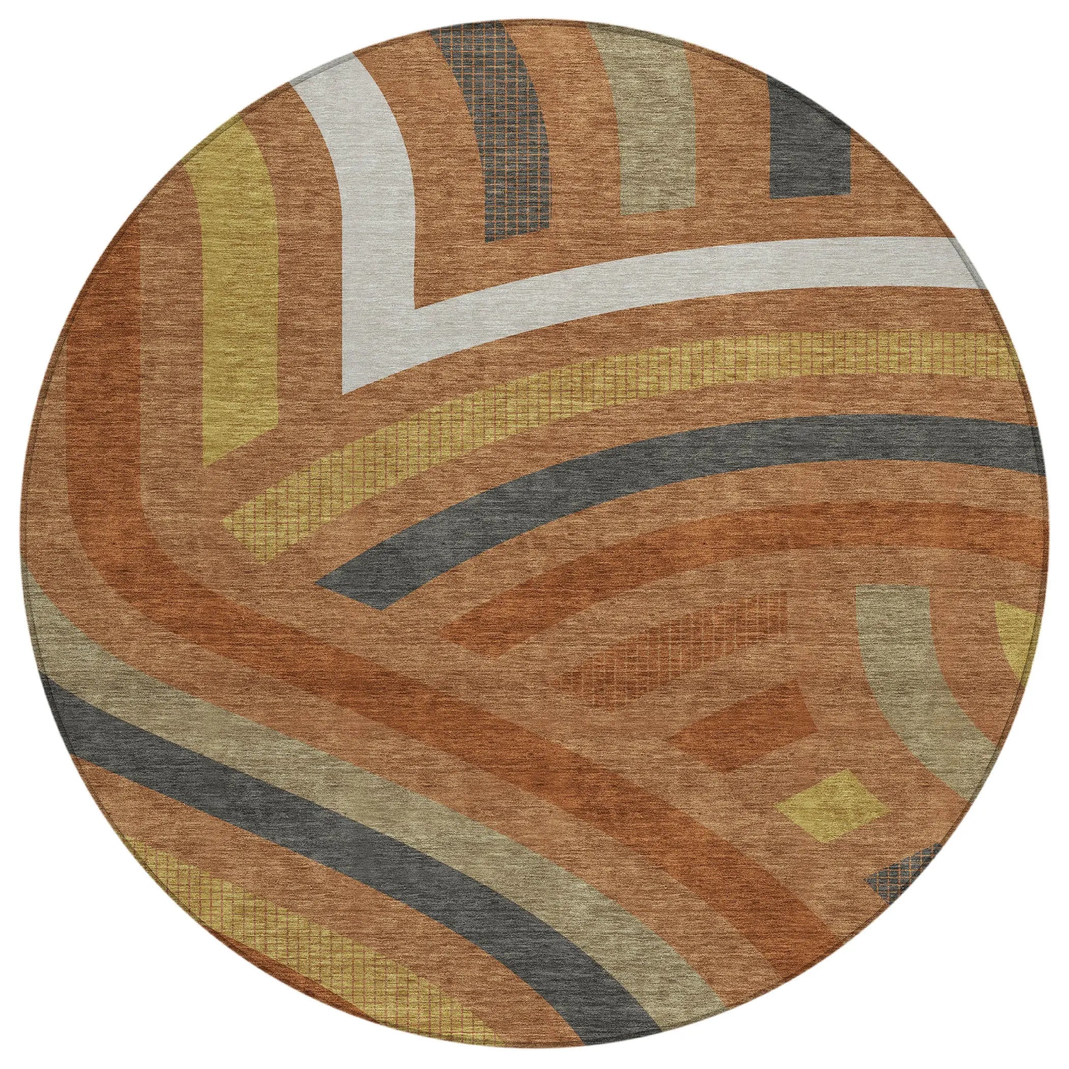 8' Orange And Gold Round Abstract Washable Indoor Outdoor Area Rug Homeroots Outdoor