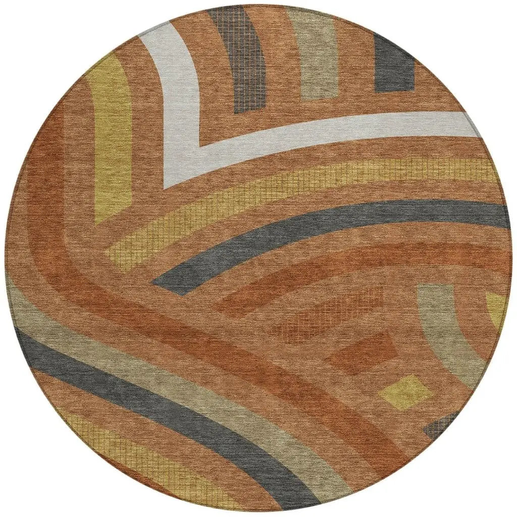 8' Orange And Gold Round Abstract Washable Indoor Outdoor Area Rug Homeroots Outdoor