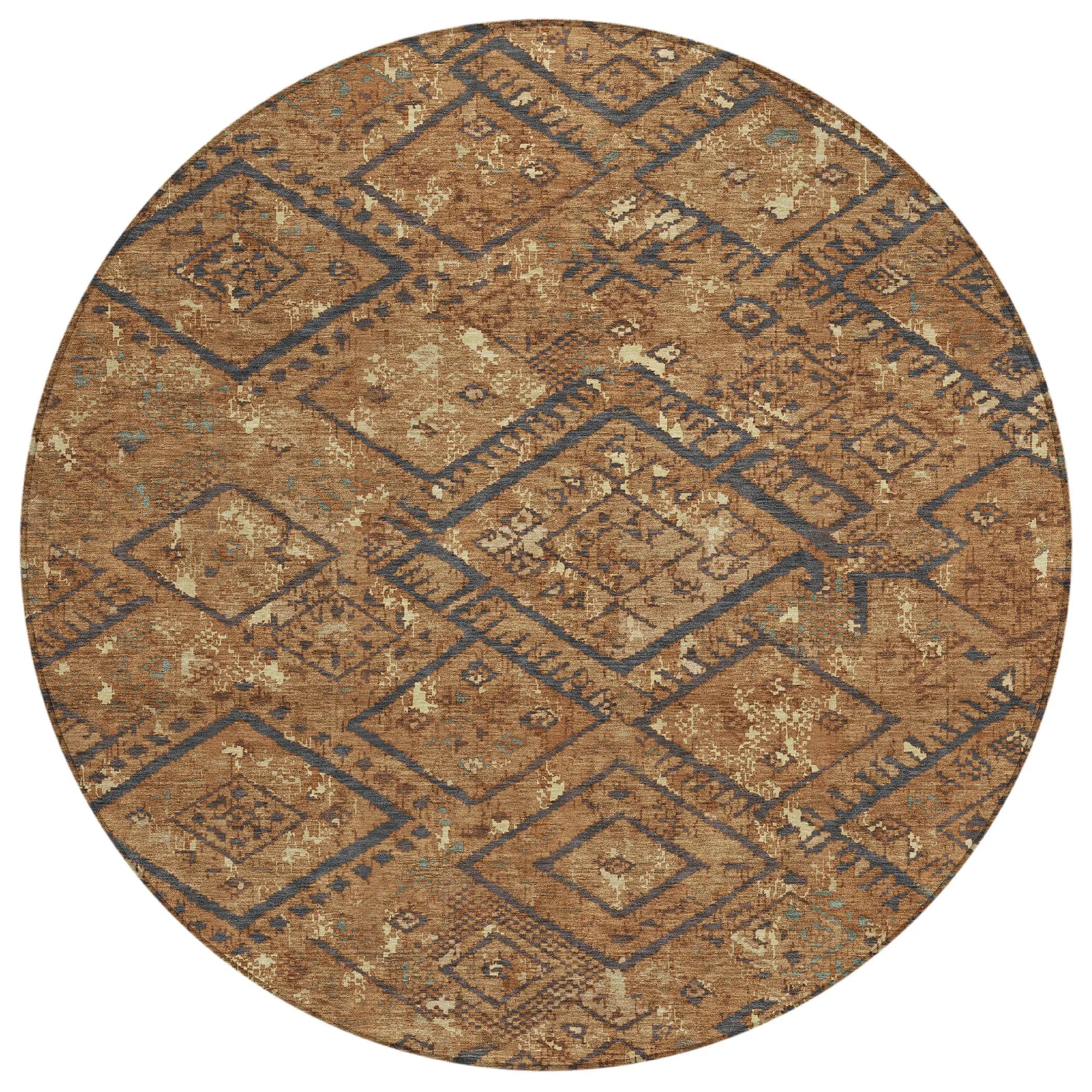 8' Orange And Gold Round Geometric Washable Indoor Outdoor Area Rug Homeroots Outdoor