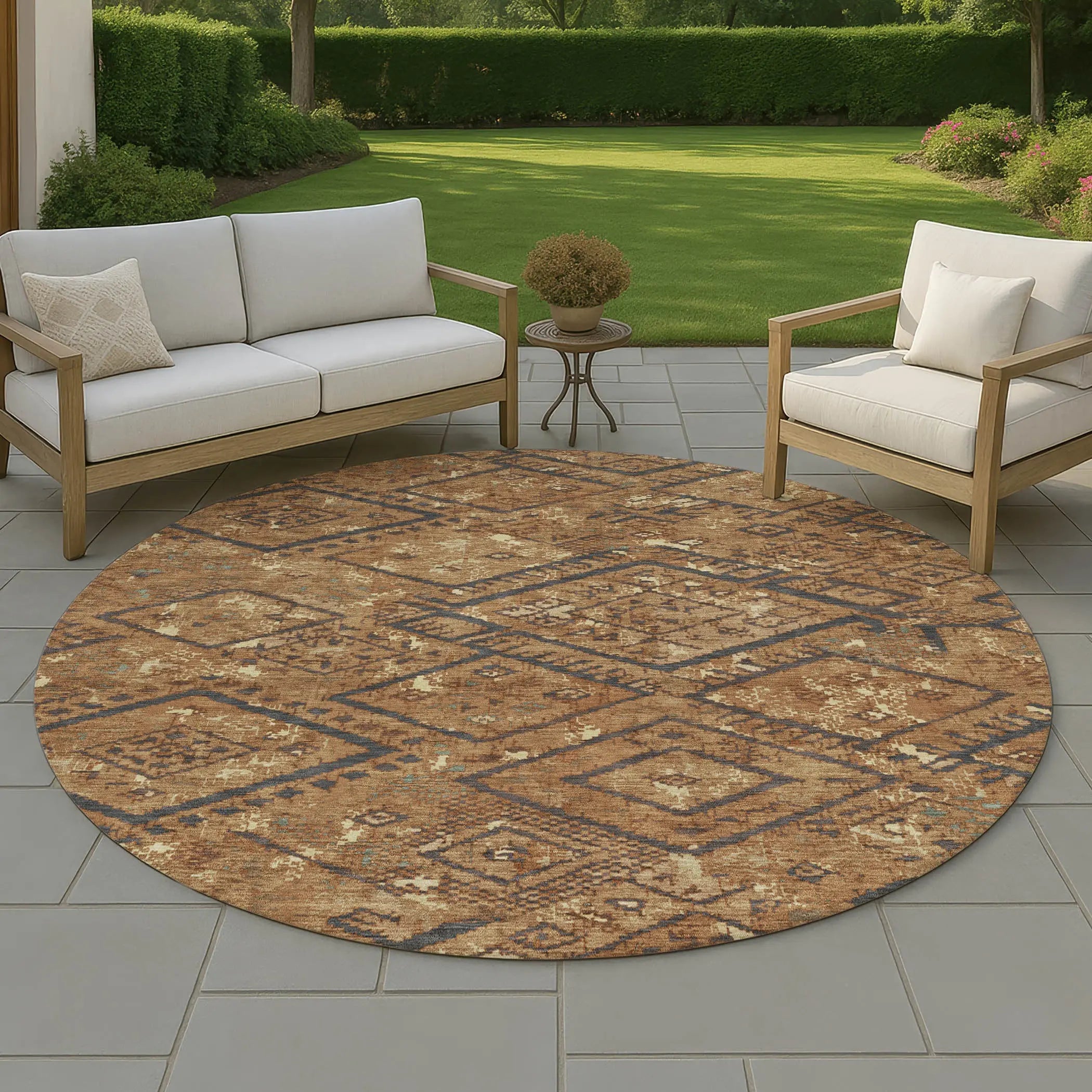 8' Orange And Gold Round Geometric Washable Indoor Outdoor Area Rug Homeroots Outdoor