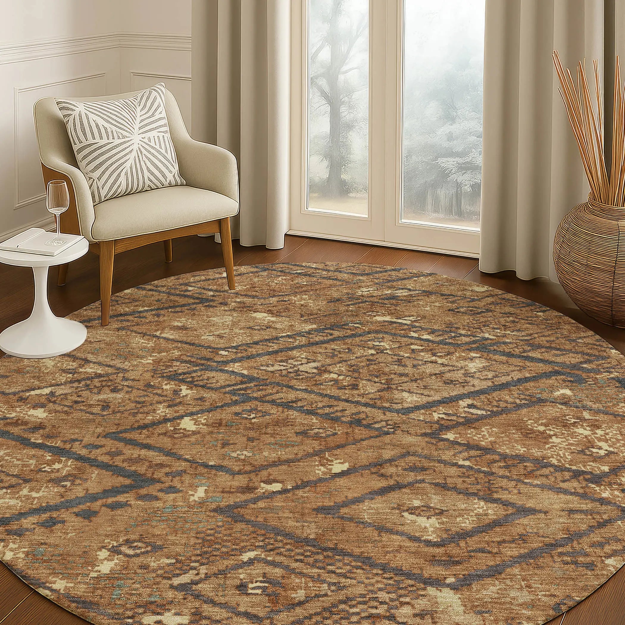 8' Orange And Gold Round Geometric Washable Indoor Outdoor Area Rug Homeroots Outdoor