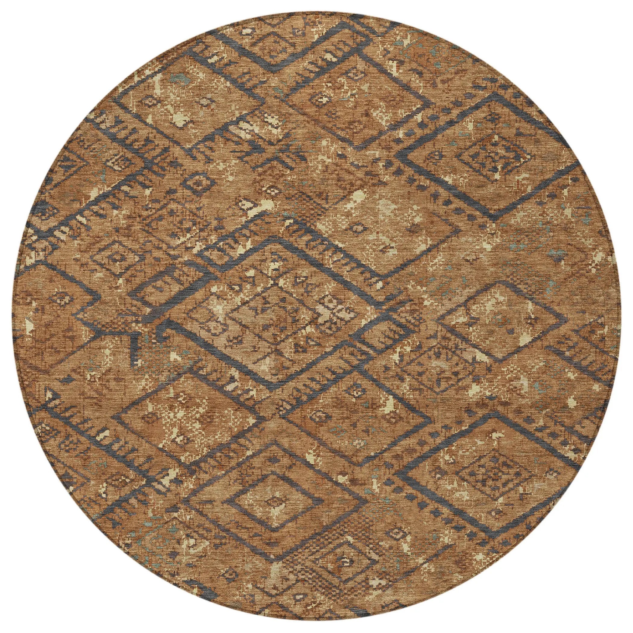 8' Orange And Gold Round Geometric Washable Indoor Outdoor Area Rug Homeroots Outdoor