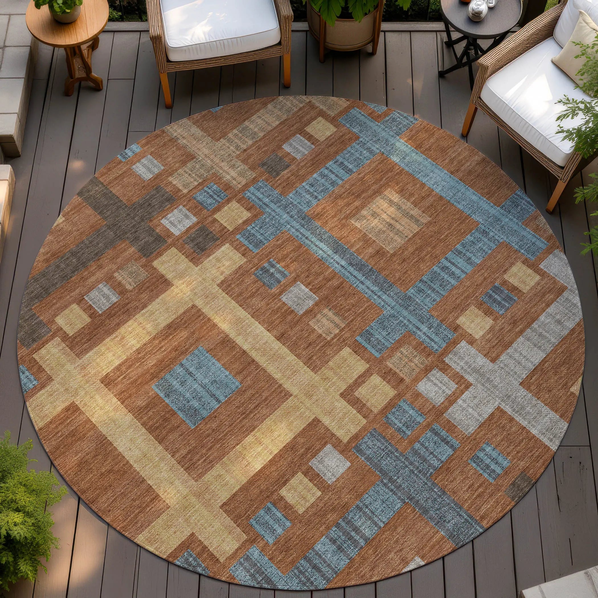 8' Orange And Gold Round Geometric Washable Indoor Outdoor Area Rug Homeroots Outdoor