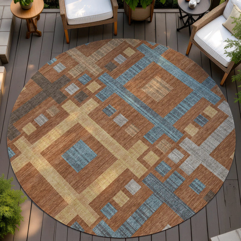 8' Orange And Gold Round Geometric Washable Indoor Outdoor Area Rug Homeroots Outdoor