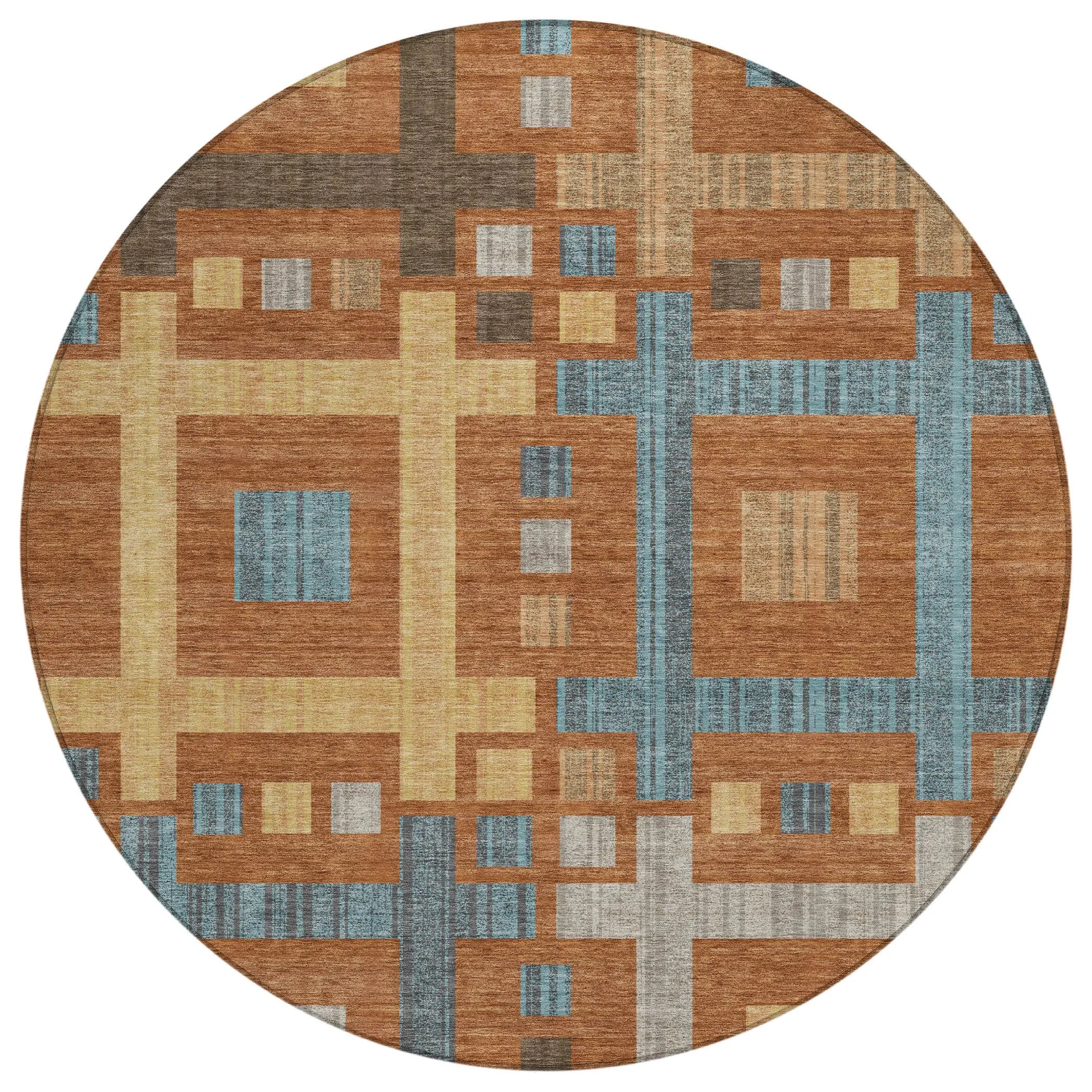8' Orange And Gold Round Geometric Washable Indoor Outdoor Area Rug Homeroots Outdoor