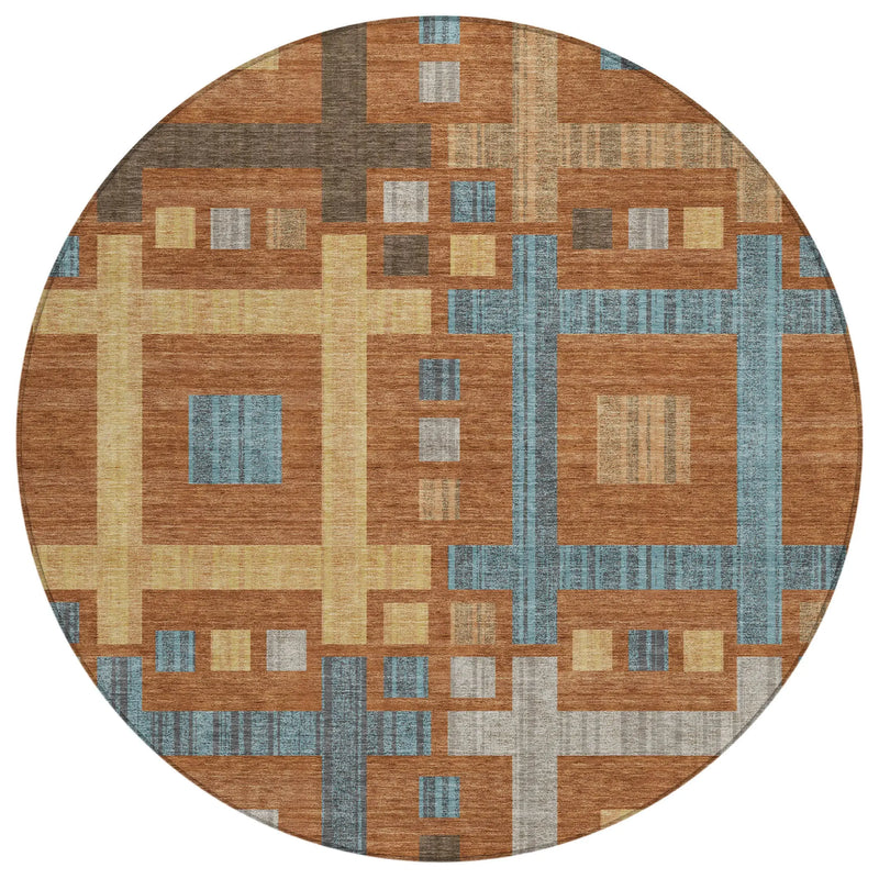 8' Orange And Gold Round Geometric Washable Indoor Outdoor Area Rug Homeroots Outdoor