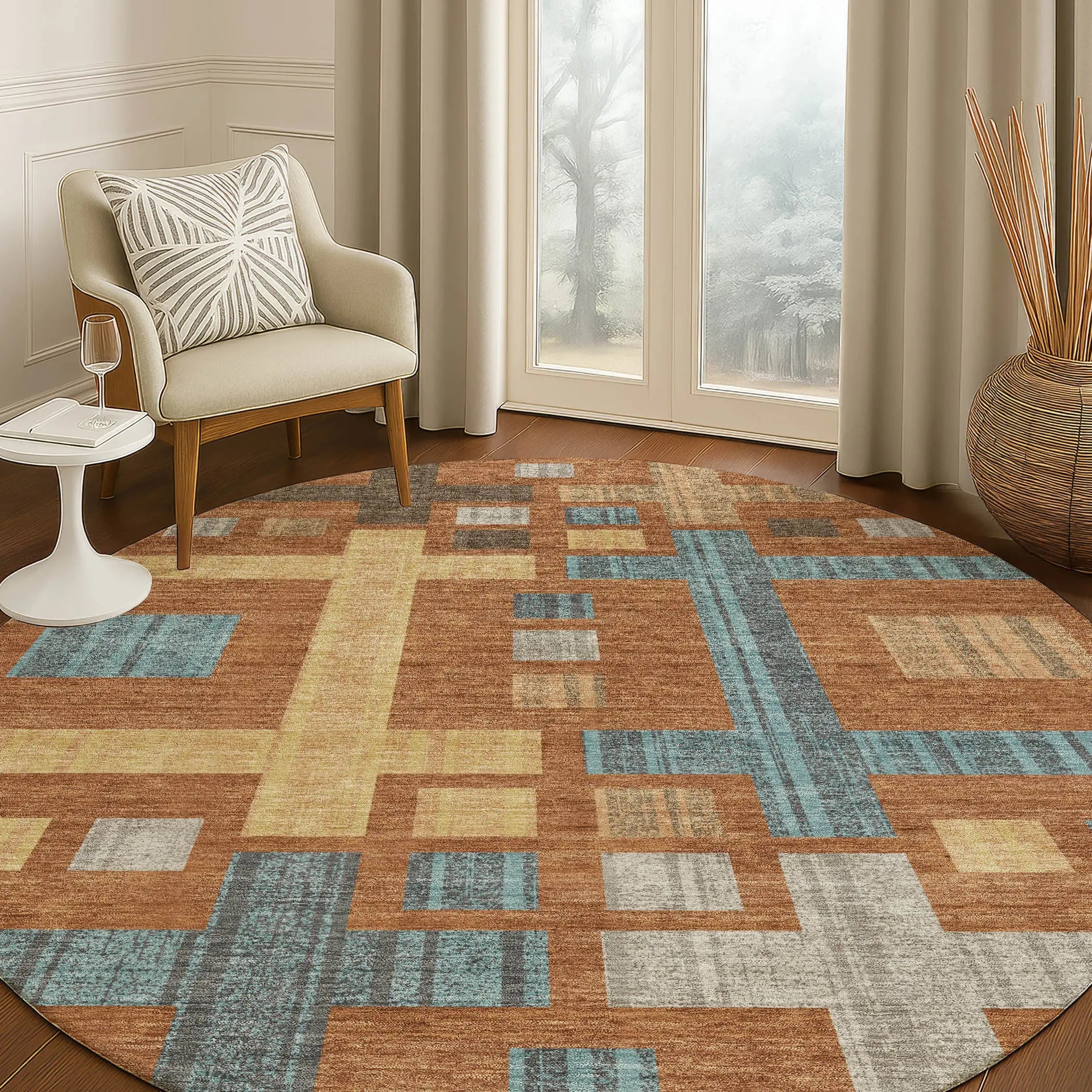 8' Orange And Gold Round Geometric Washable Indoor Outdoor Area Rug Homeroots Outdoor