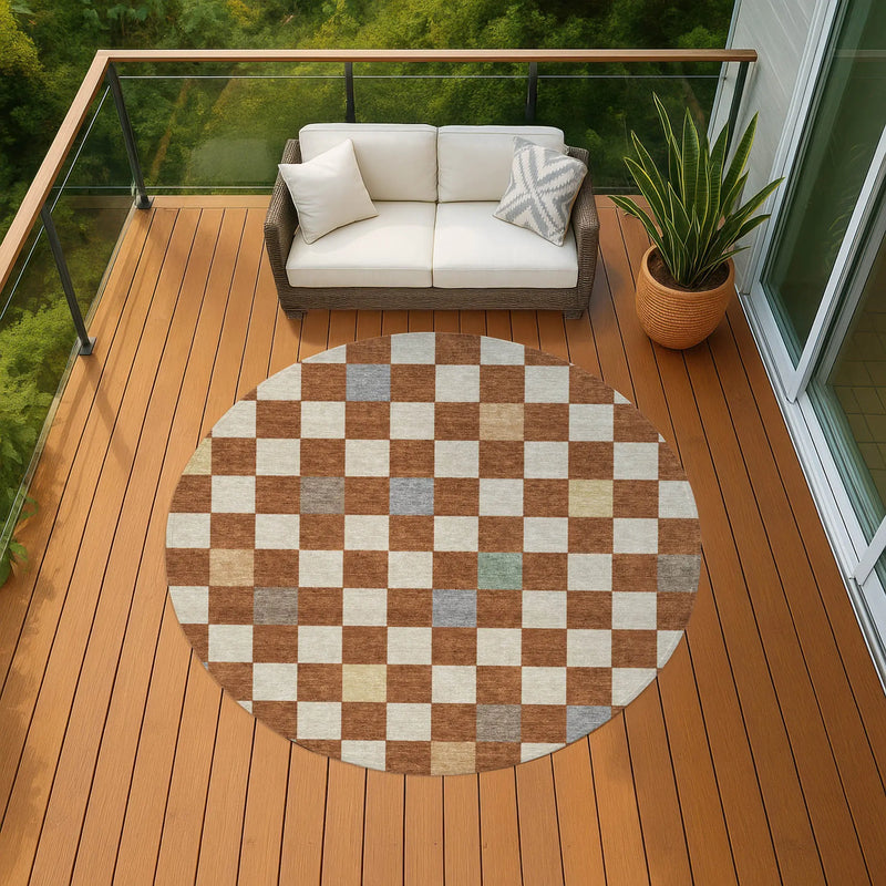 8' Orange And Gold Round Geometric Washable Indoor Outdoor Area Rug Homeroots Outdoor