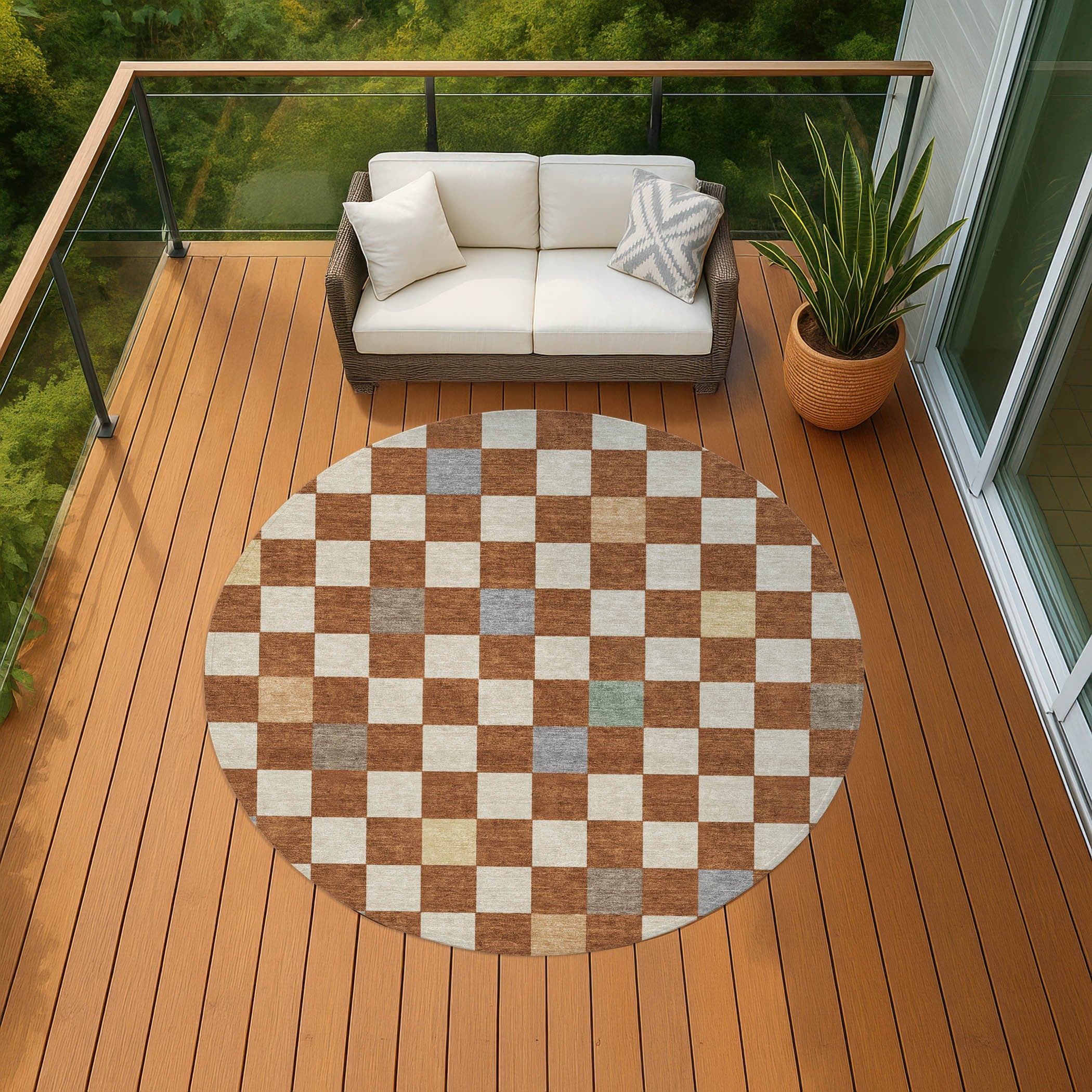 8' Orange And Gold Round Geometric Washable Indoor Outdoor Area Rug Homeroots Outdoor