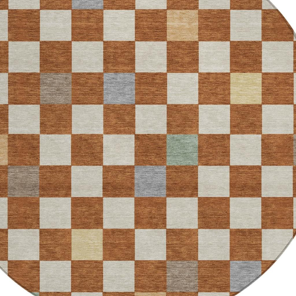 8' Orange And Gold Round Geometric Washable Indoor Outdoor Area Rug Homeroots Outdoor