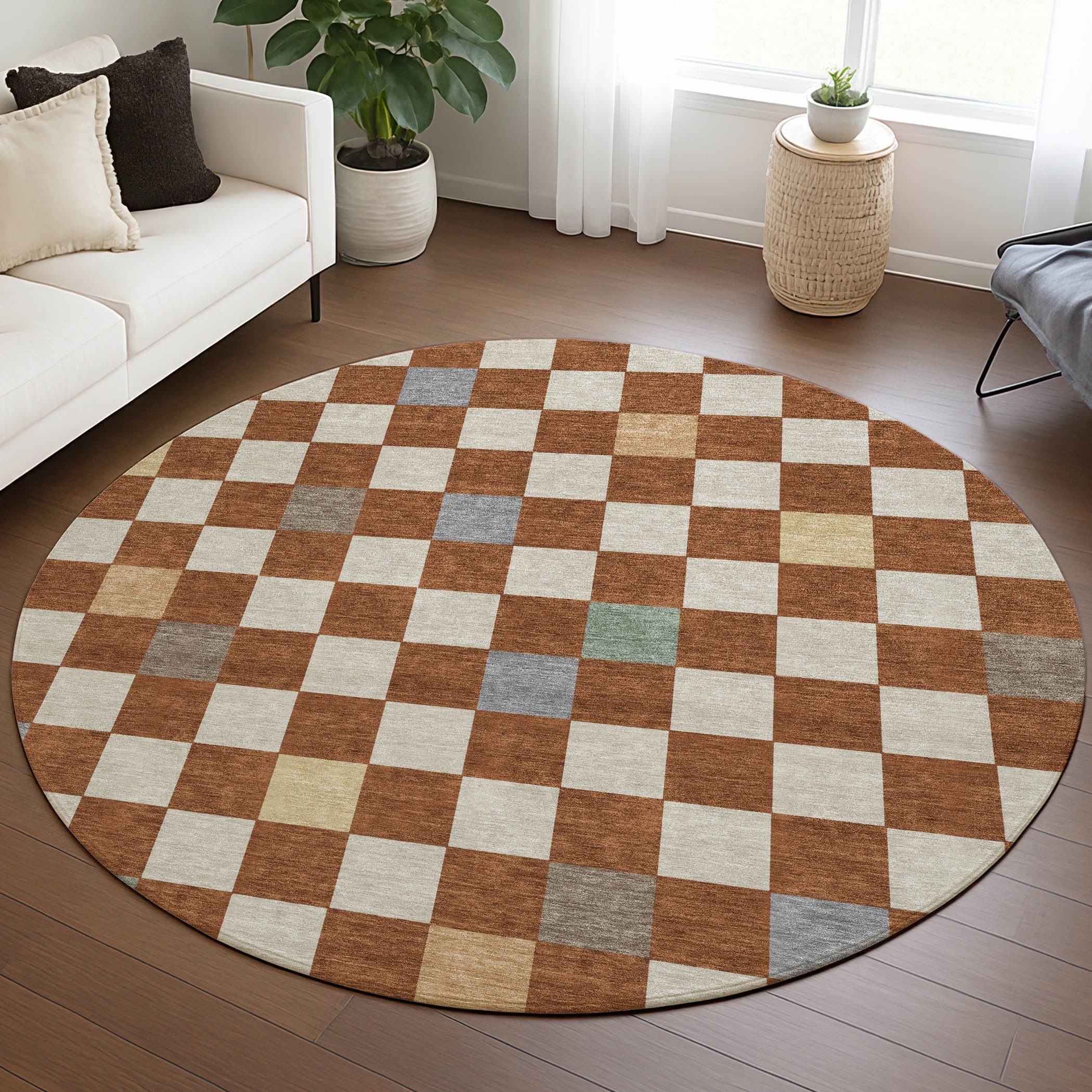 8' Orange And Gold Round Geometric Washable Indoor Outdoor Area Rug Homeroots Outdoor