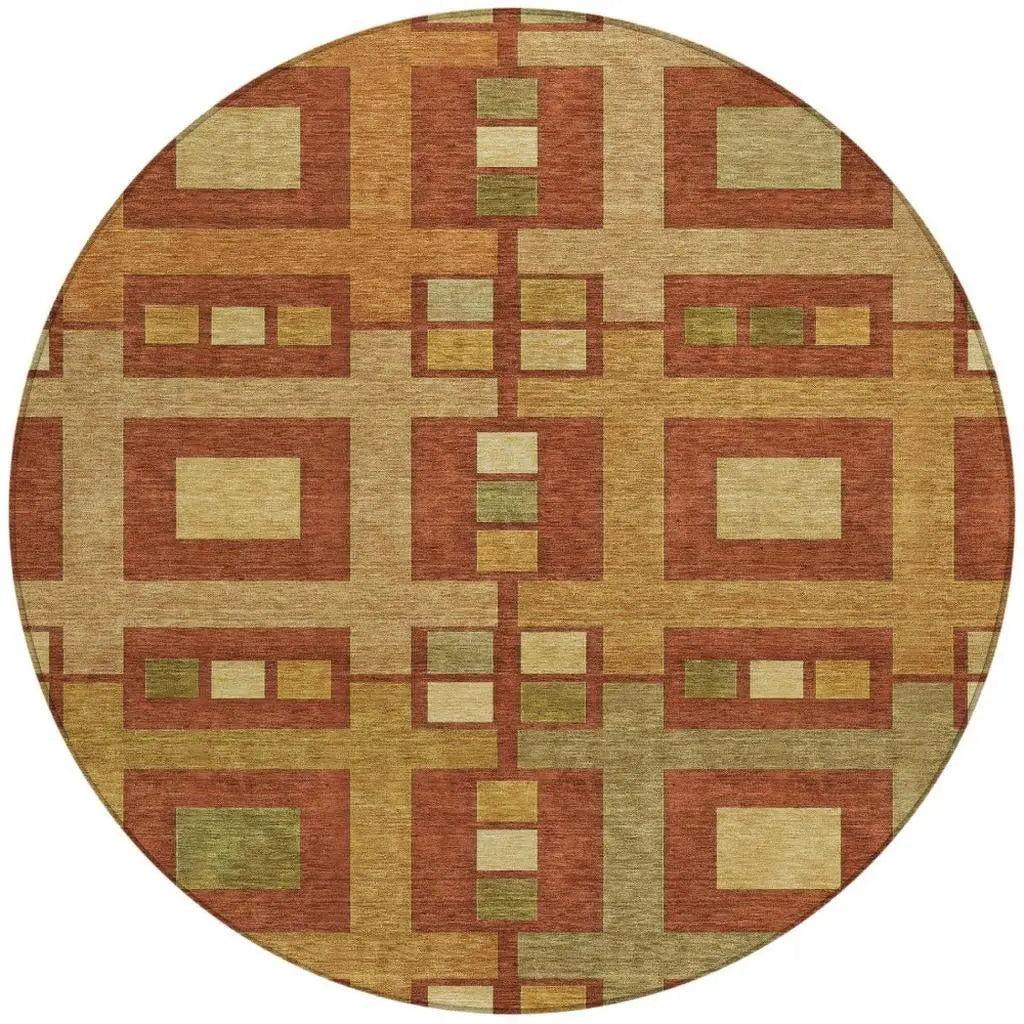 8' Orange And Gold Round Geometric Washable Indoor Outdoor Area Rug Homeroots Outdoor