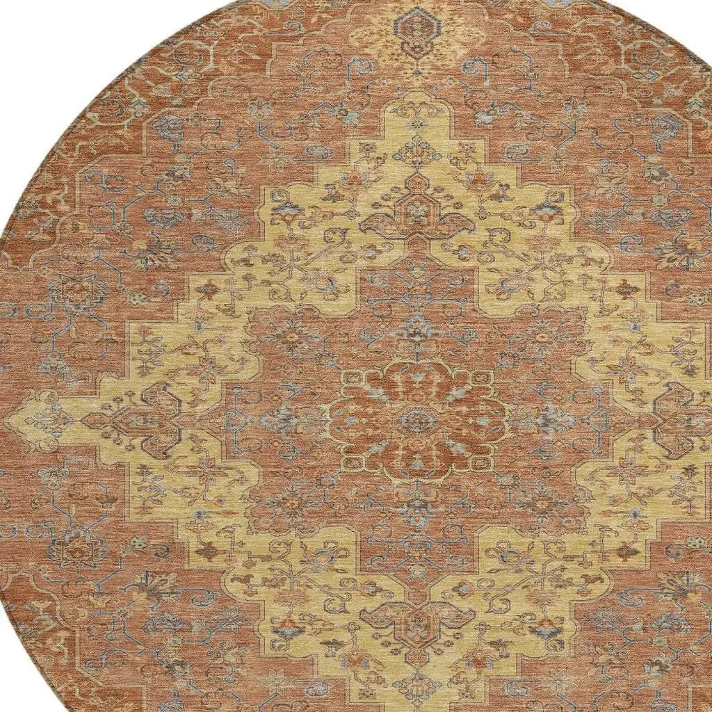 8' Orange And Gold Round Medallion Washable Indoor Outdoor Area Rug Homeroots Outdoor
