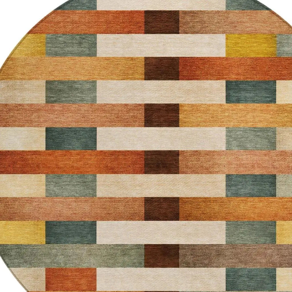 8' Orange And Gold Round Striped Washable Indoor Outdoor Area Rug Homeroots Outdoor