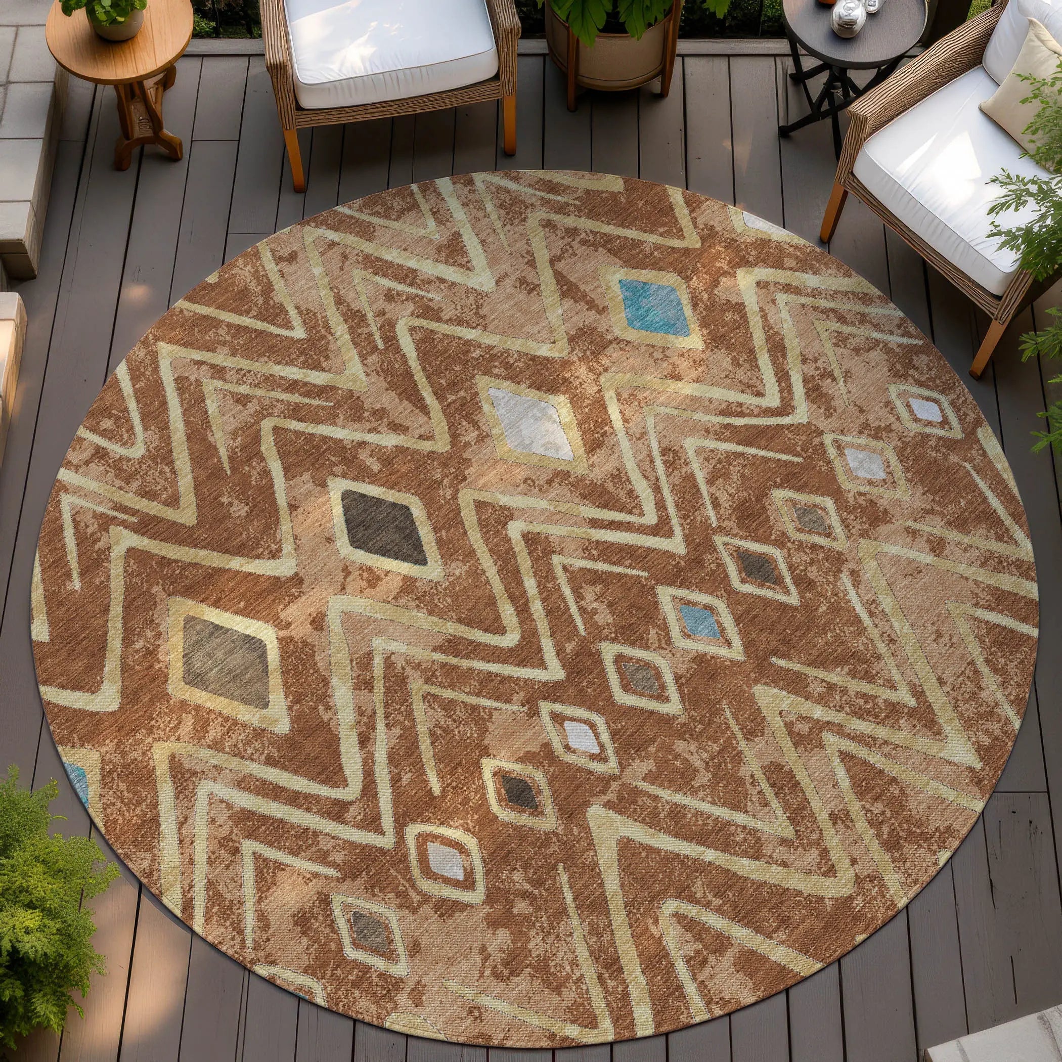 8' Orange And Graphite Round Geometric Washable Indoor Outdoor Area Rug Homeroots Outdoor