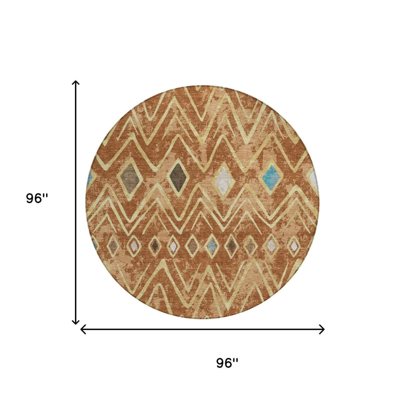 8' Orange And Graphite Round Geometric Washable Indoor Outdoor Area Rug Homeroots Outdoor