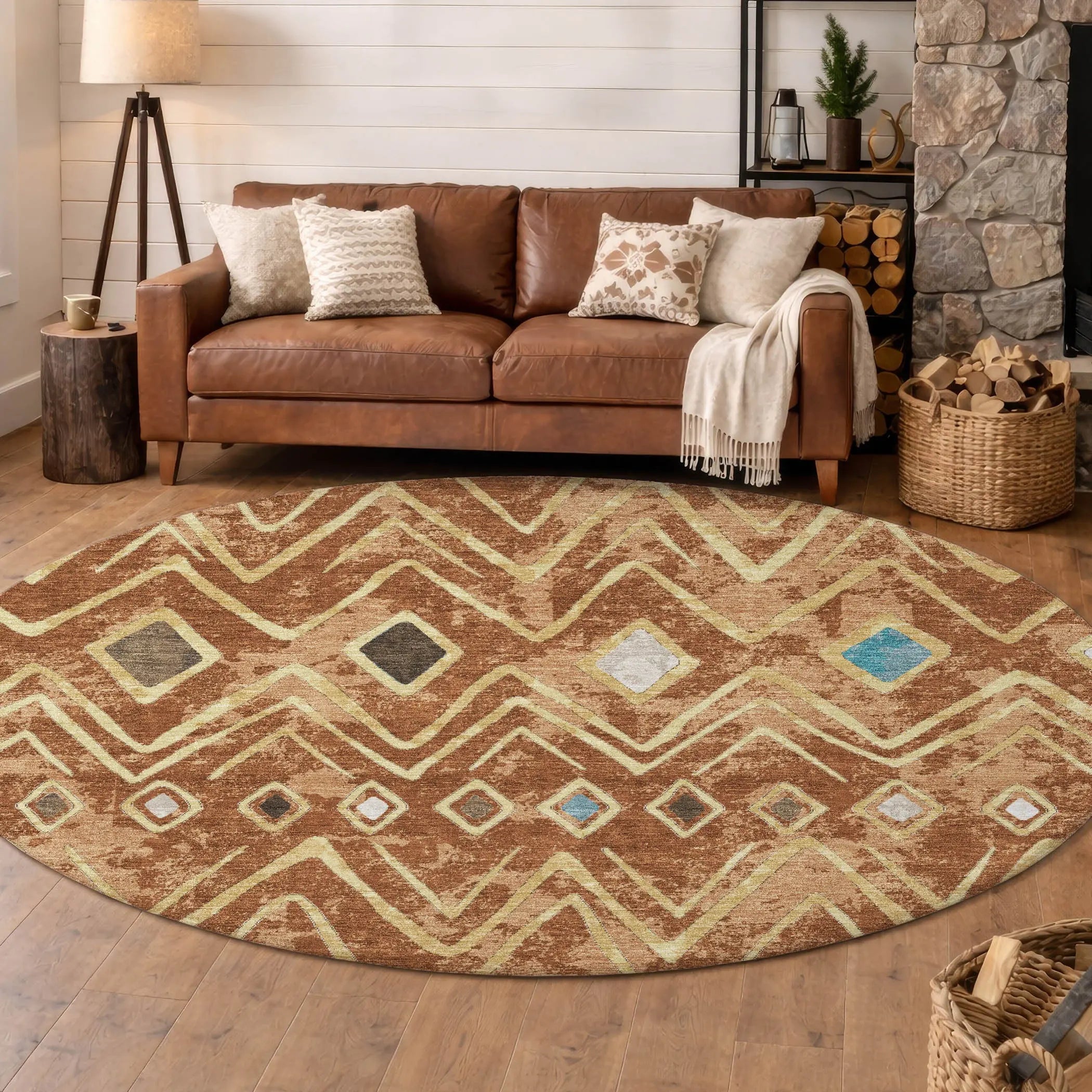 8' Orange And Graphite Round Geometric Washable Indoor Outdoor Area Rug Homeroots Outdoor
