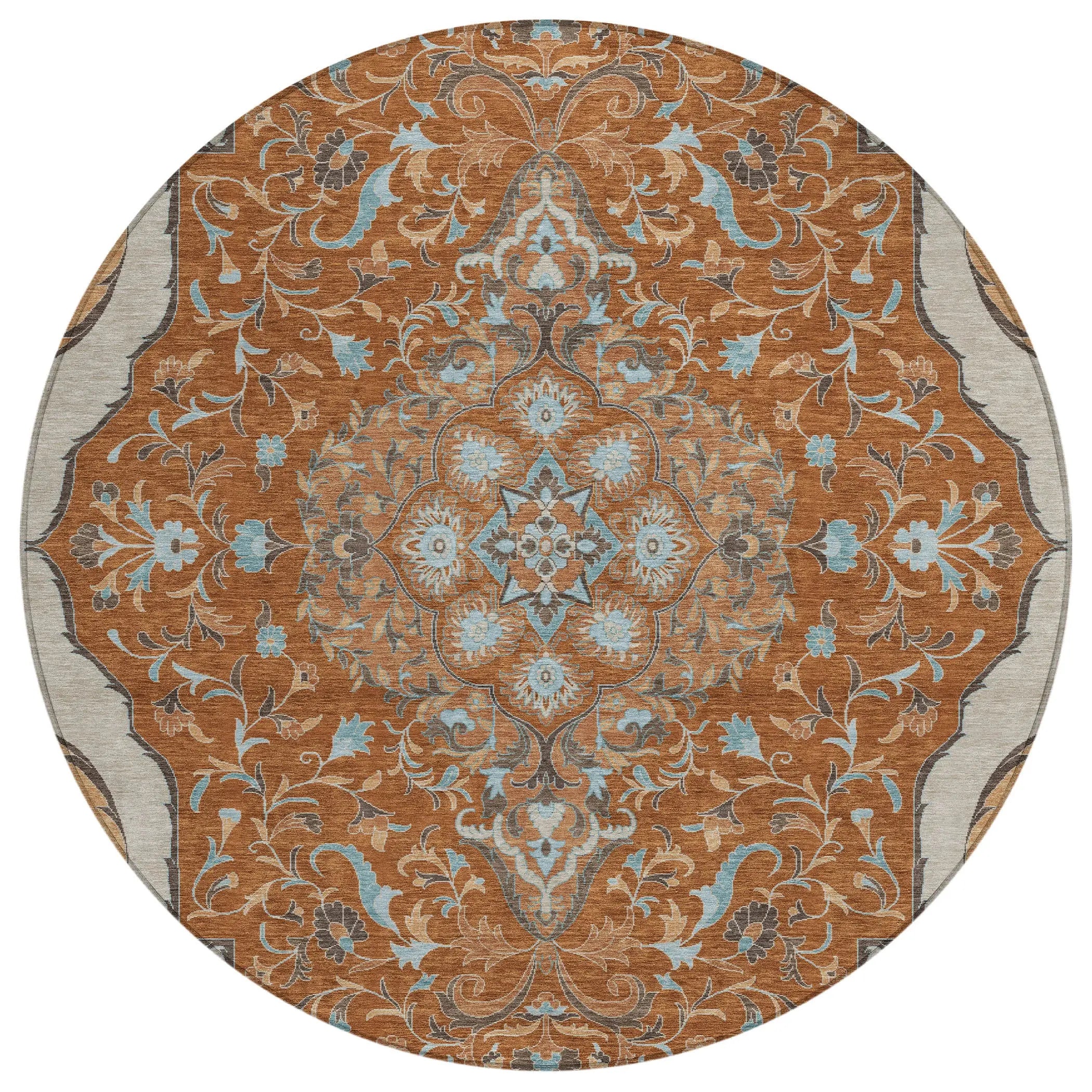 8' Orange And Graphite Round Medallion Washable Indoor Outdoor Area Rug Homeroots Outdoor