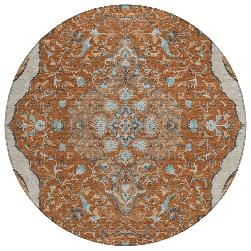 8' Orange And Graphite Round Medallion Washable Indoor Outdoor Area Rug Homeroots Outdoor