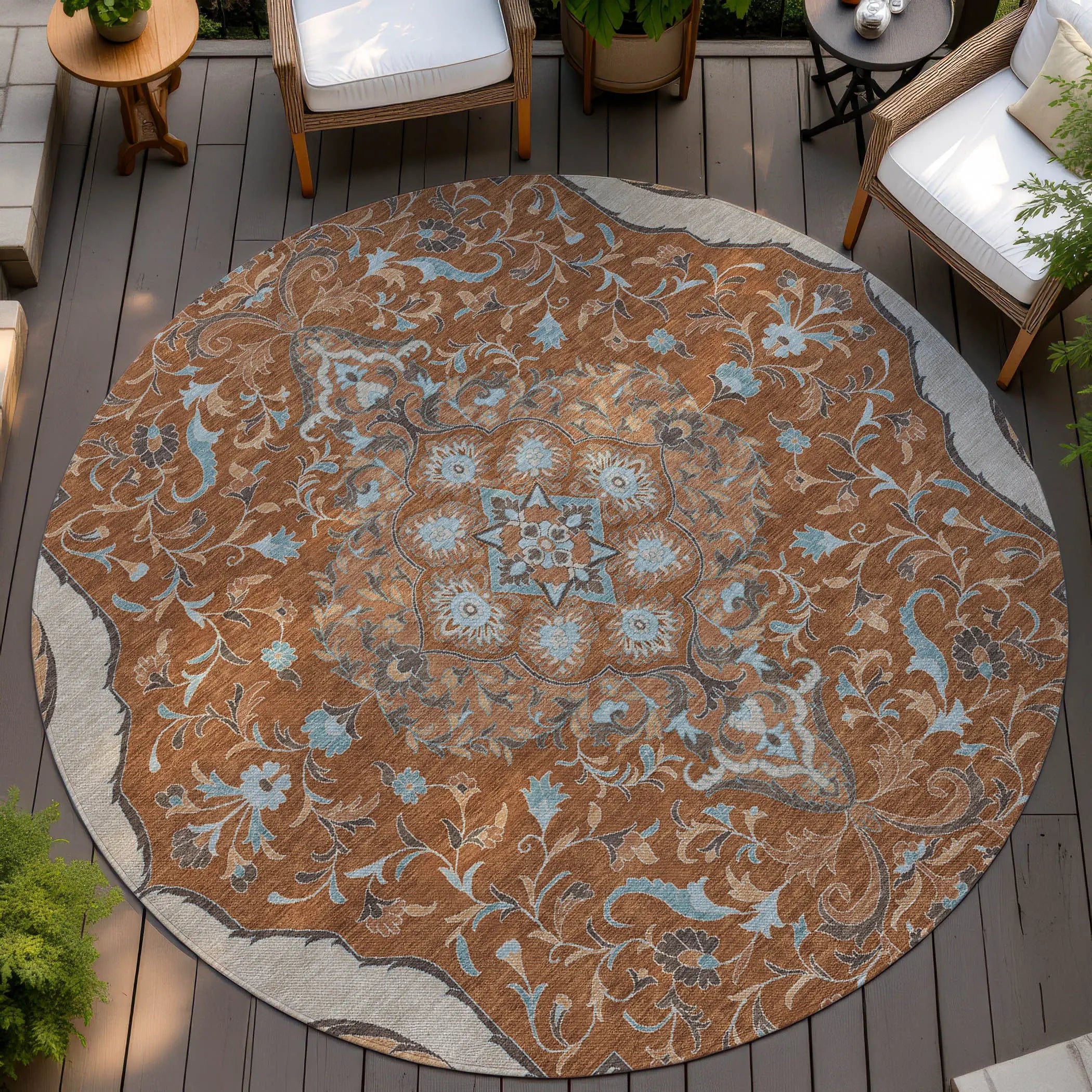 8' Orange And Graphite Round Medallion Washable Indoor Outdoor Area Rug Homeroots Outdoor