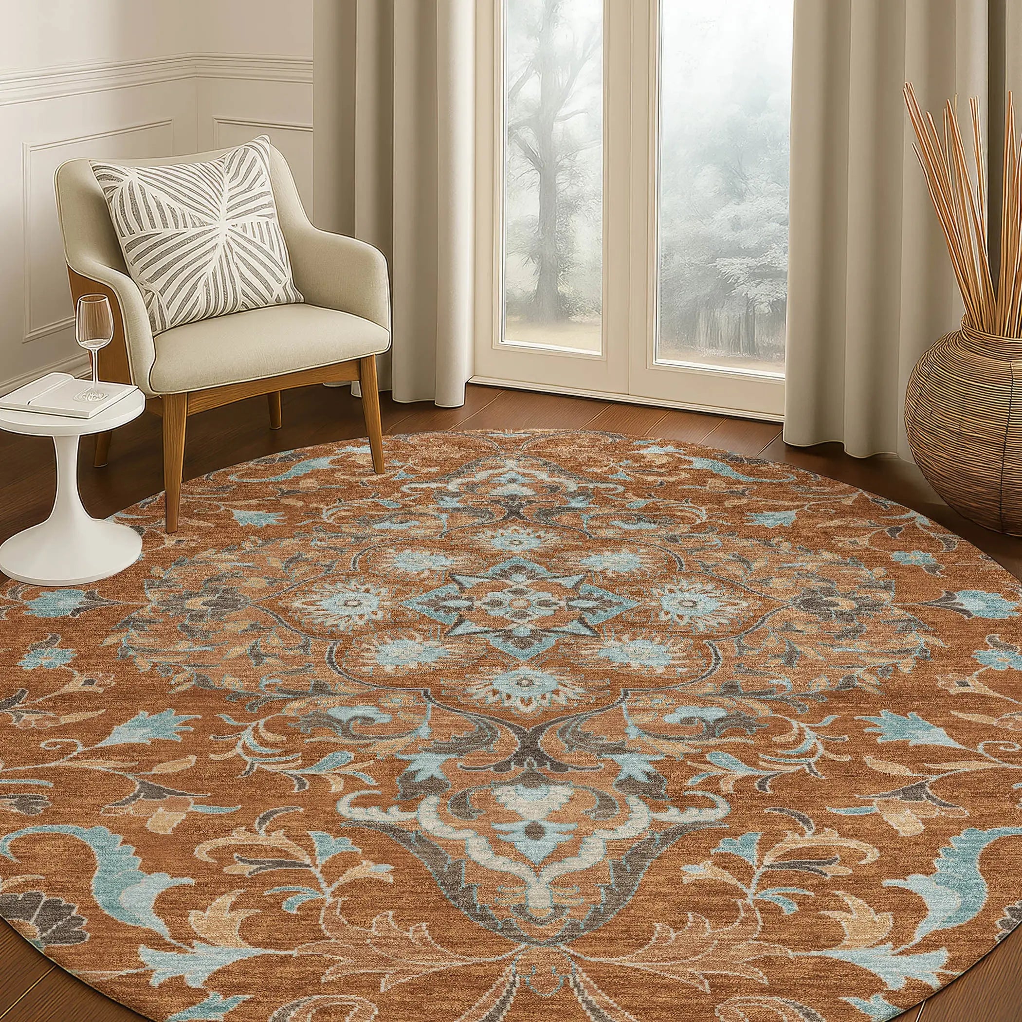 8' Orange And Graphite Round Medallion Washable Indoor Outdoor Area Rug Homeroots Outdoor