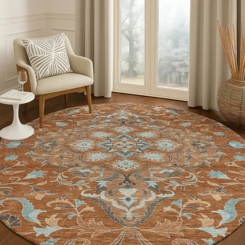 8' Orange And Graphite Round Medallion Washable Indoor Outdoor Area Rug Homeroots Outdoor