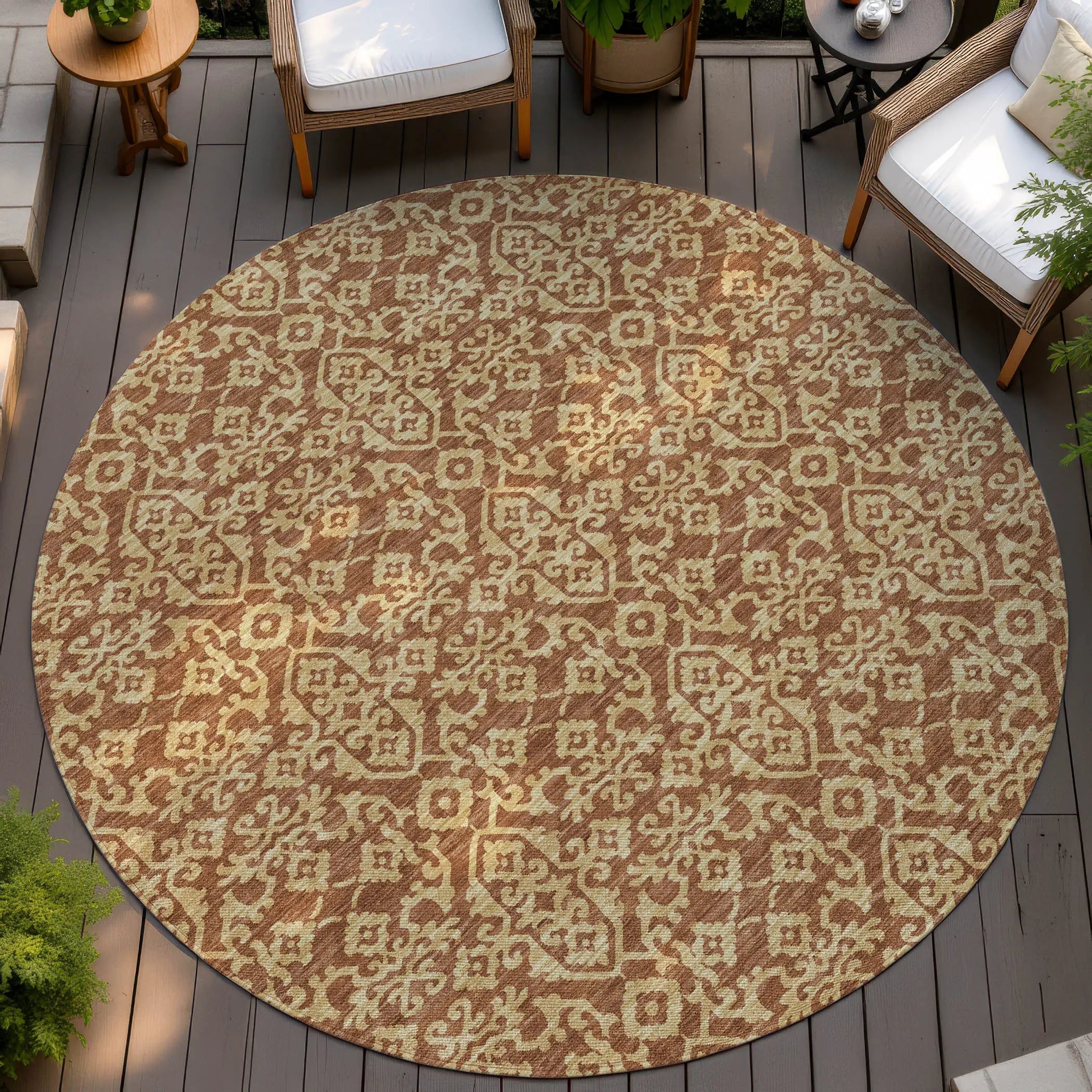 8' Orange And Graphite Round Oriental Washable Indoor Outdoor Area Rug Homeroots Outdoor