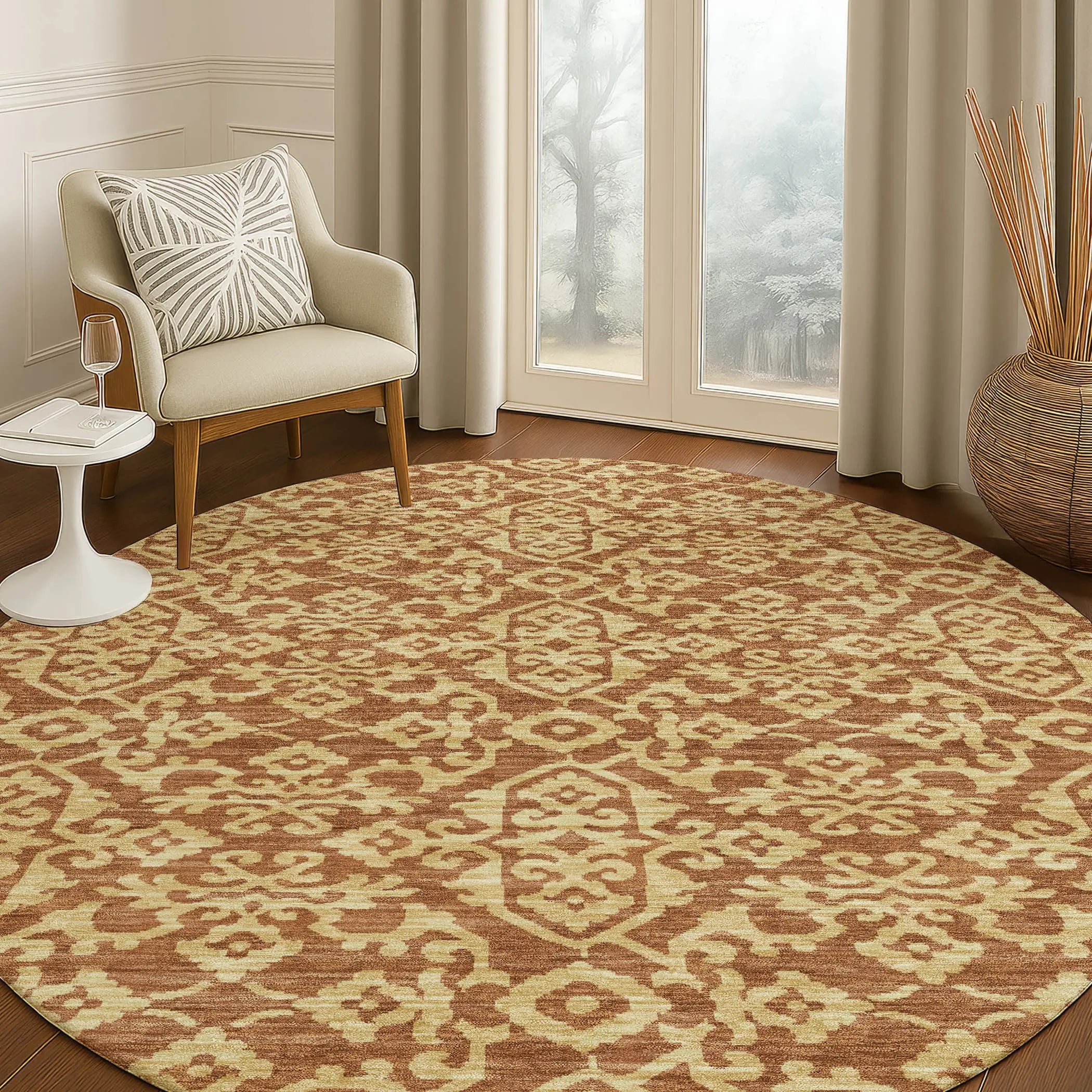 8' Orange And Graphite Round Oriental Washable Indoor Outdoor Area Rug Homeroots Outdoor