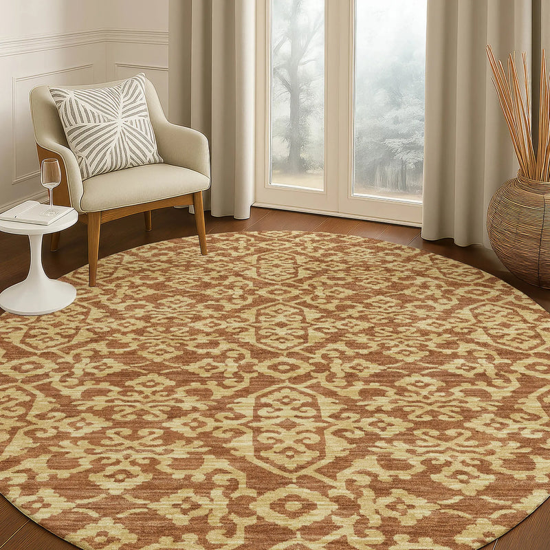 8' Orange And Graphite Round Oriental Washable Indoor Outdoor Area Rug Homeroots Outdoor