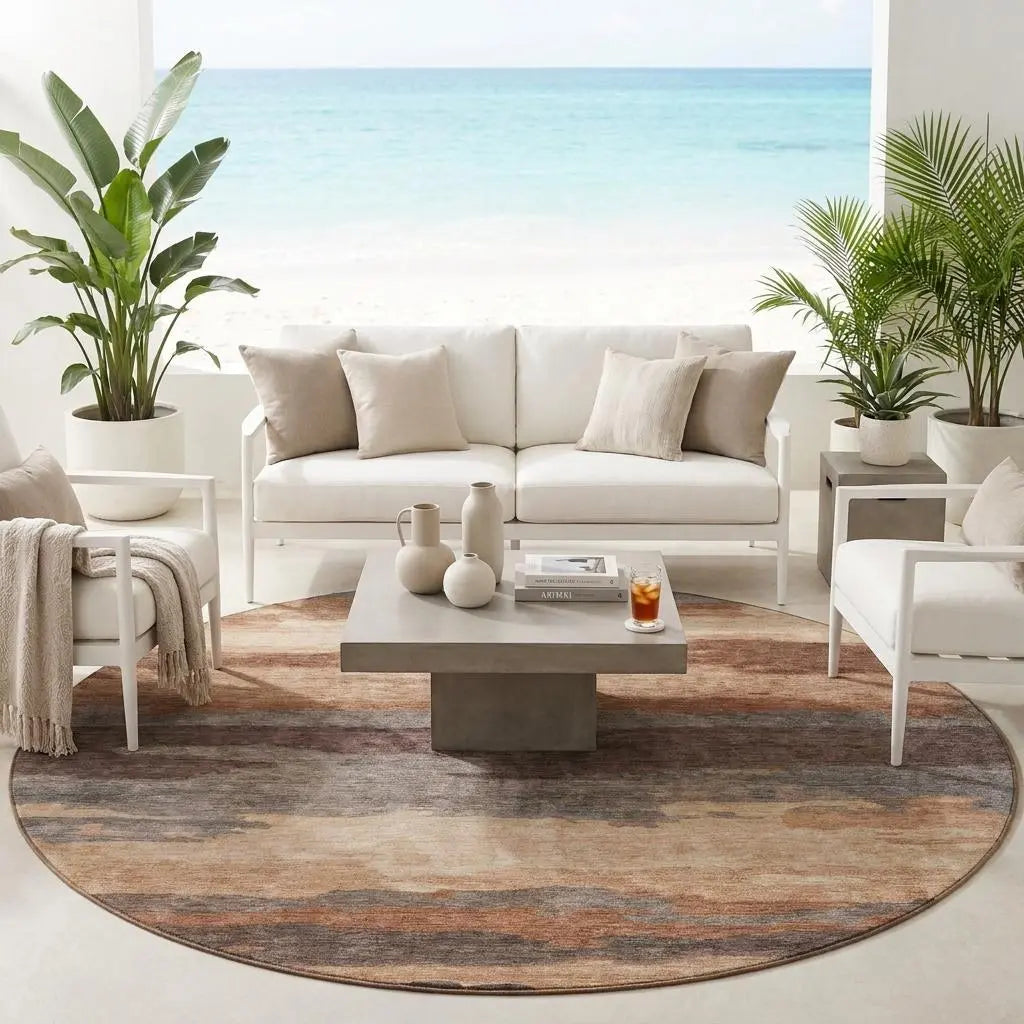 8' Orange And Gray Round Abstract Washable Indoor Outdoor Area Rug Homeroots Outdoor