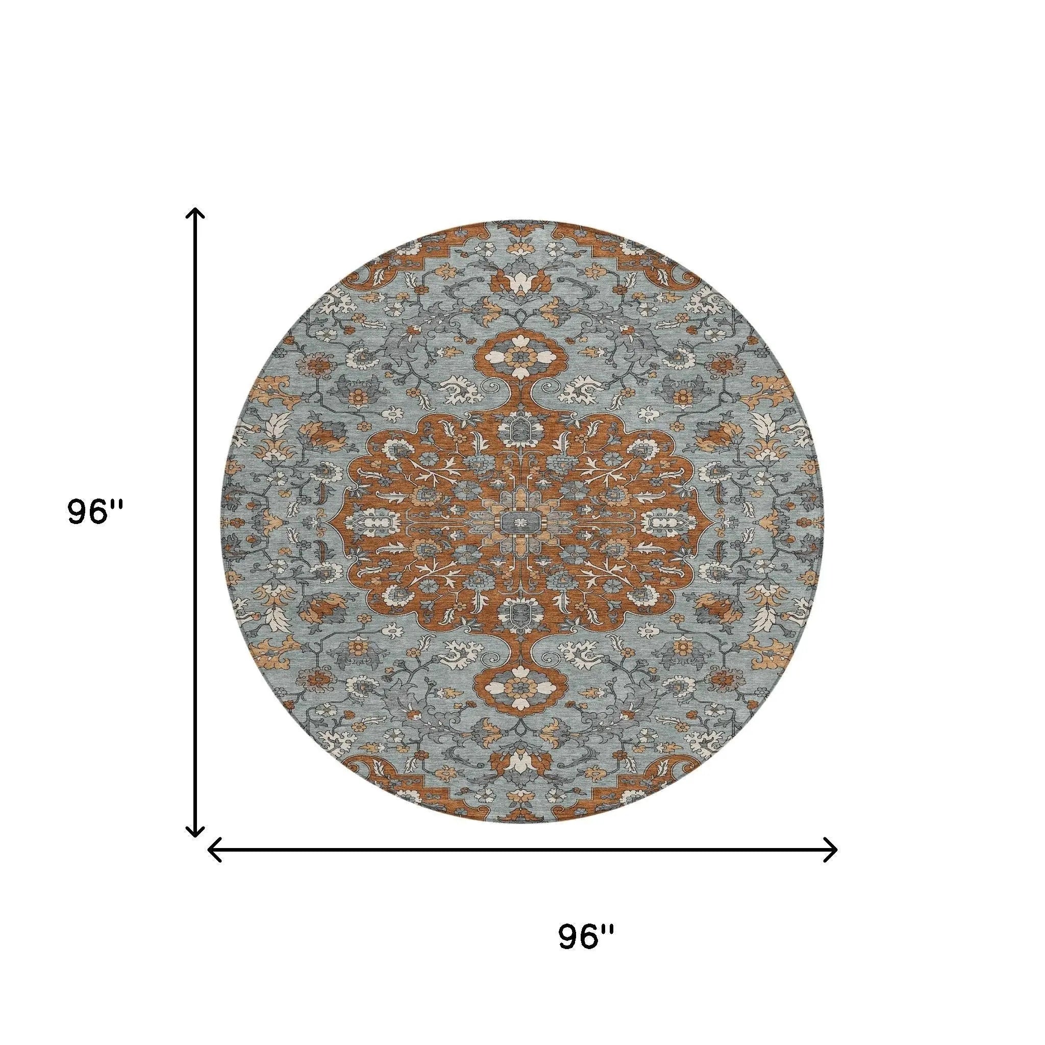 8' Orange And Gray Round Floral Medallion Washable Indoor Outdoor Area Rug Homeroots Outdoor
