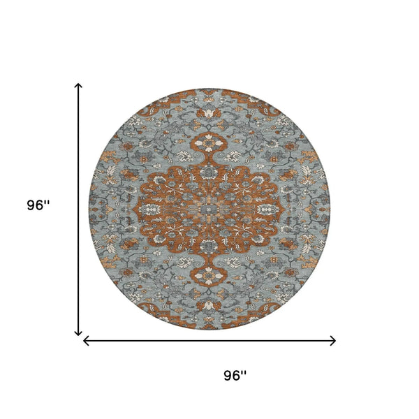 8' Orange And Gray Round Floral Medallion Washable Indoor Outdoor Area Rug Homeroots Outdoor